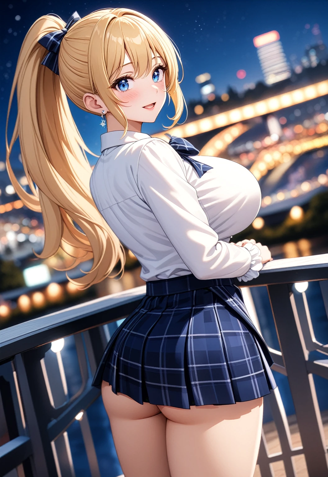 ((One girl)), Beautiful smile,Blushing,Open your mouth,Glossy Lips,Abstract, Yokohama night view park, ((Anime style background)),masterpiece, highest quality, so beautiful, Absurd, up to date, Complex details, Pink long nails,AI-generated, Complex,High resolution, highest quality, super high quality,3D Images、View the viewers、3D Images,one person,Long Blonde Hair,High Ponytail,blue eyes,Anime girl posing for photo, [[Fine grain、Colorful eyes、Shining Eyes:1.15]],(Squint your eyes:1.1),a hyperRealistic , hyperRealistic , Realistic , blonde anime girl with long hair, Smooth anime CG art, Beautiful anime school girl,White long sleeve blouse,Blue checked skirt,Big blue chest ribbon, Earrings,(Large Breasts:1.3),Mature Body,tall,Big Ass,Fine details,Abdominal muscles,(Look Back),Stick your butt out,Shooting from an angle