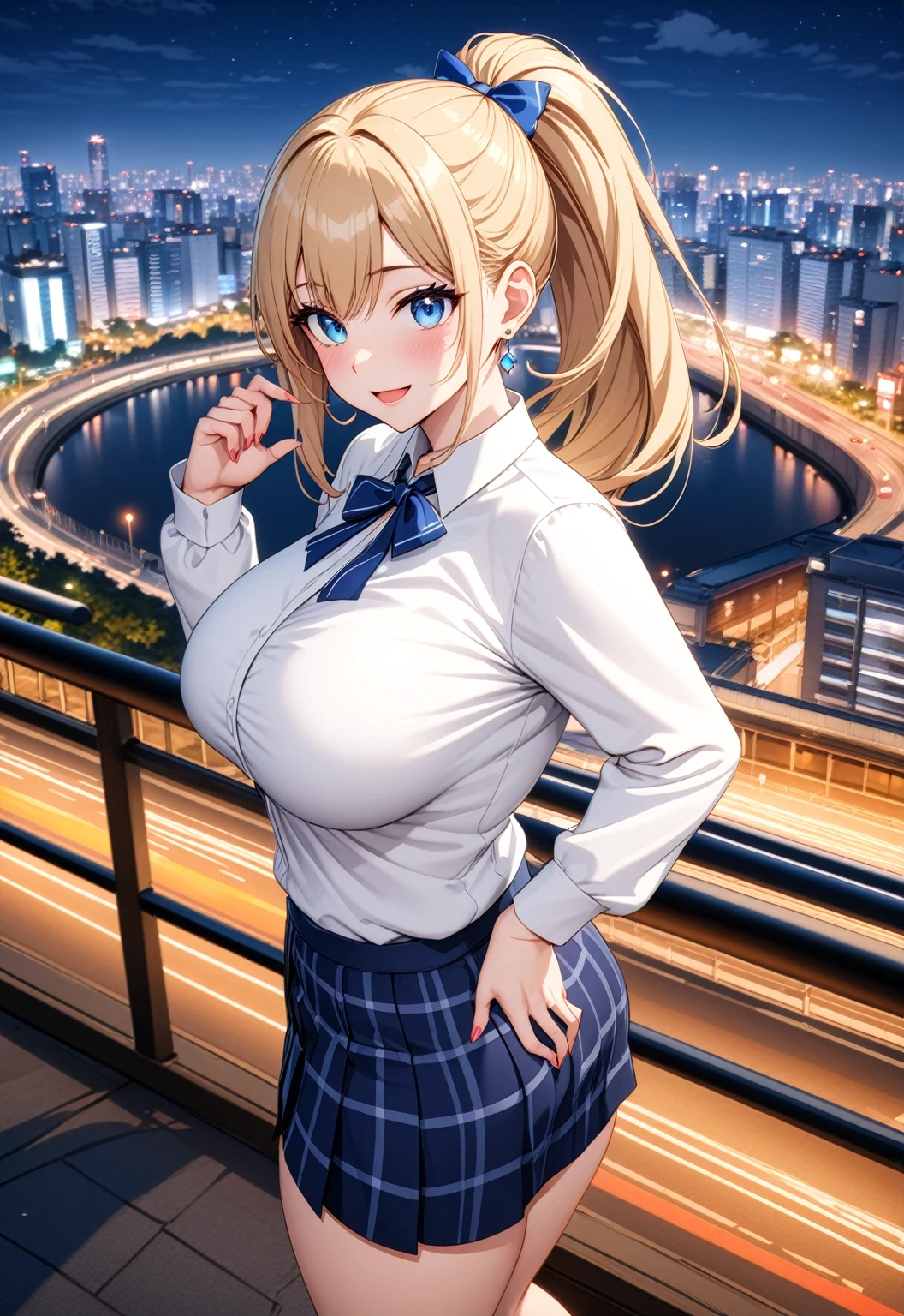 ((One girl)), Beautiful smile,Blushing,Open your mouth,Glossy Lips,Abstract, Yokohama night view park, ((Anime style background)),masterpiece, highest quality, so beautiful, Absurd, up to date, Complex details, Pink long nails,AI-generated, Complex,High resolution, highest quality, super high quality,3D Images、View the viewers、3D Images,one person,Long Blonde Hair,High Ponytail,blue eyes,Anime girl posing for photo, [[Fine grain、Colorful eyes、Shining Eyes:1.15]],(Squint your eyes:1.1),a hyperRealistic , hyperRealistic , Realistic , blonde anime girl with long hair, Smooth anime CG art, Beautiful anime school girl,White long sleeve blouse,Blue checked skirt,Big blue chest ribbon, Earrings,(Large Breasts:1.3),Mature Body,tall,Big Ass,Fine details,Abdominal muscles,(Look Back),Stick your butt out,Shooting from an angle