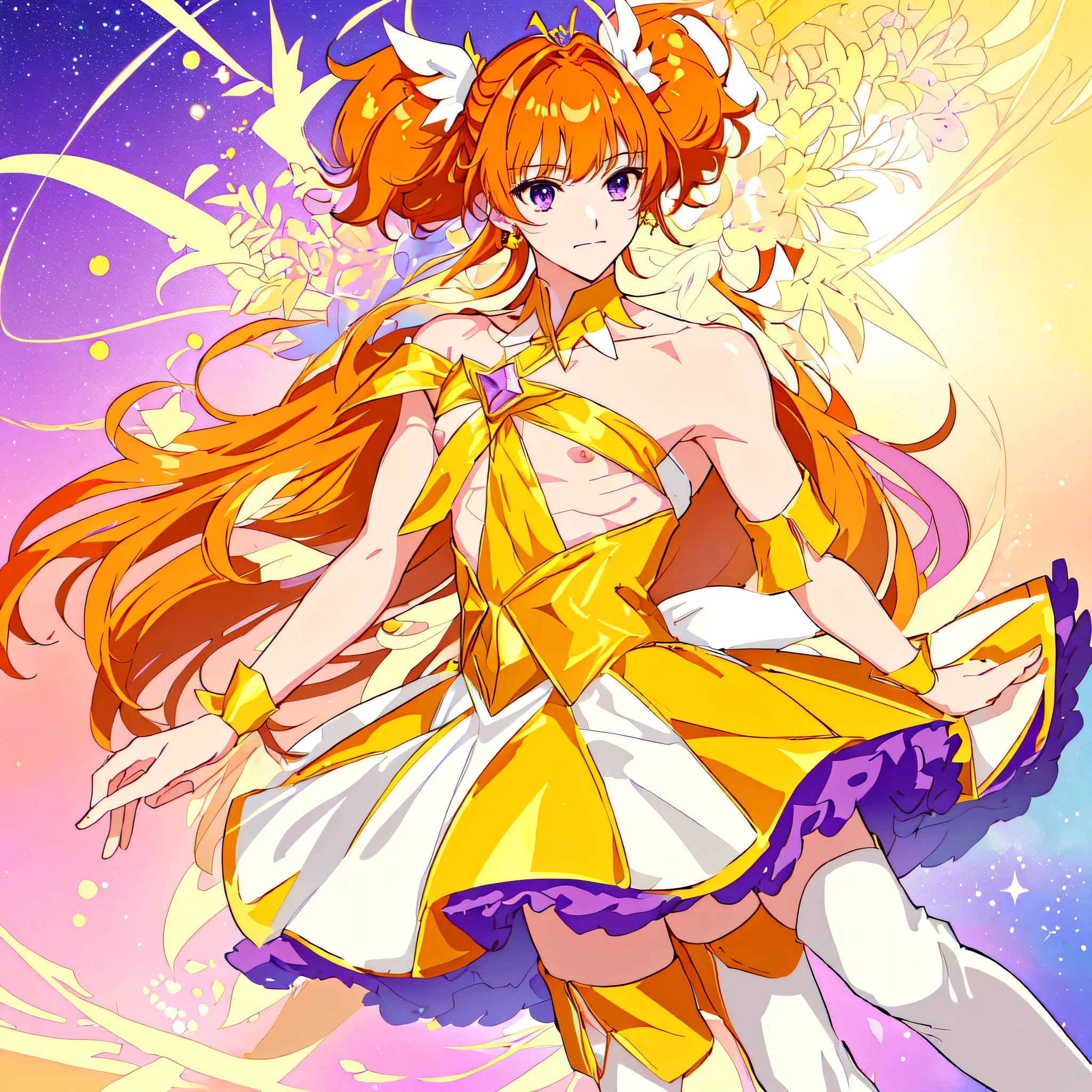 Wallpaper of cartoon male characters wearing dresses、solo、Orange-brown hair、Half twin tail hair、Purple Eyes、Long two-side updo with back hair、Official Art、sparkling magic boy、High quality artwork、Anime Prince、Cool Boy、Official Artwork、Dress Up Darling Anime、Orange and yellow costume、Muscular man、Official Anime Artwork、Male focus、Glowing Skin、Bare shoulders、JewelryBrooch、Bare Arms、Bare neck circumference、Bare chest、Strong pectoral muscles、Purple mini skirt with yellow frills、Shoulder Strapless Dress、Are standing、Pale orange thigh boots、Fan art、beautiful、looking at viewer、Cowboy Shot、(male body:1.3)、