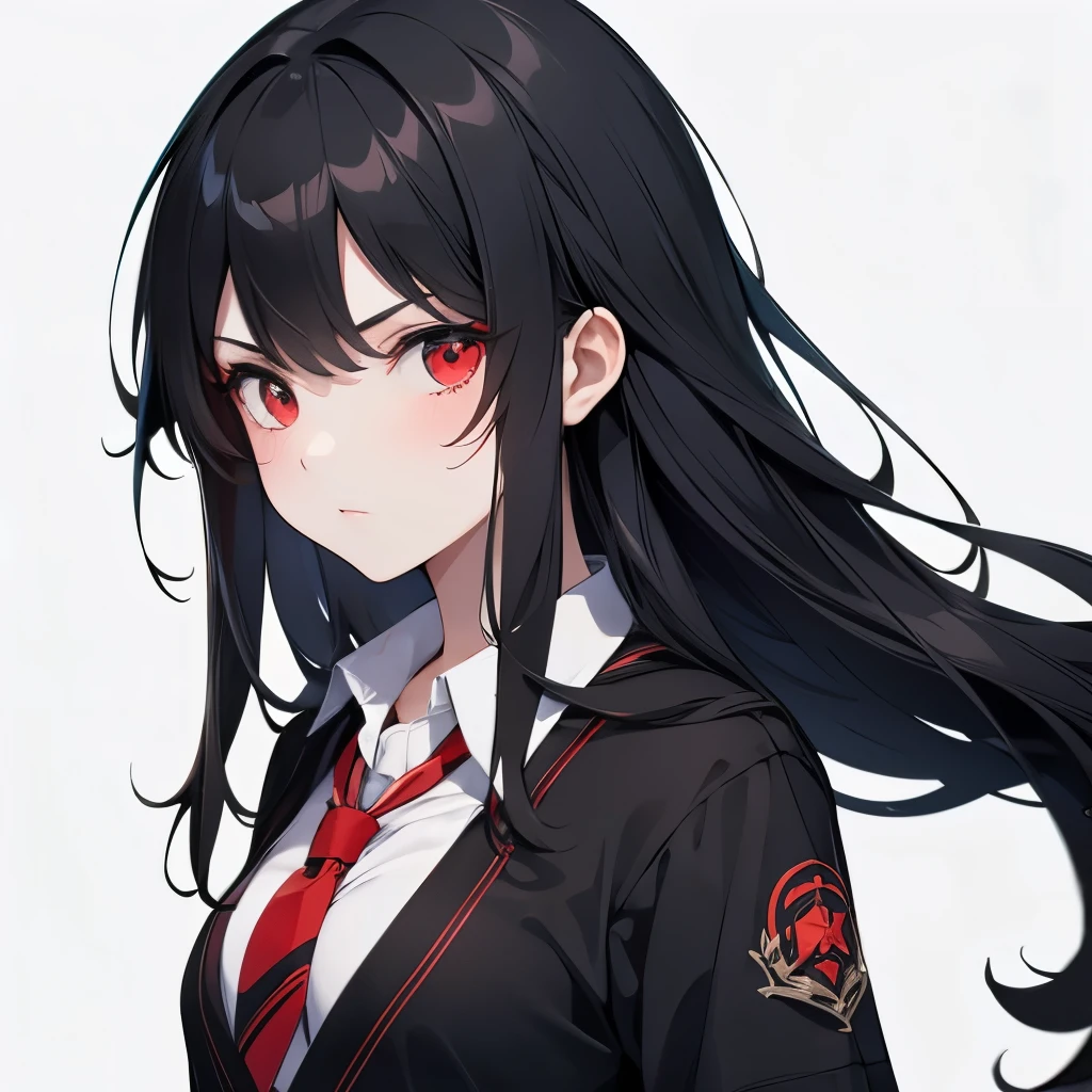 1girl, school girl, solo, portrait, (serious, cool), long hair, dark hair, red eyes black cardigan, masterpiece, best quality, (no background, simple background)