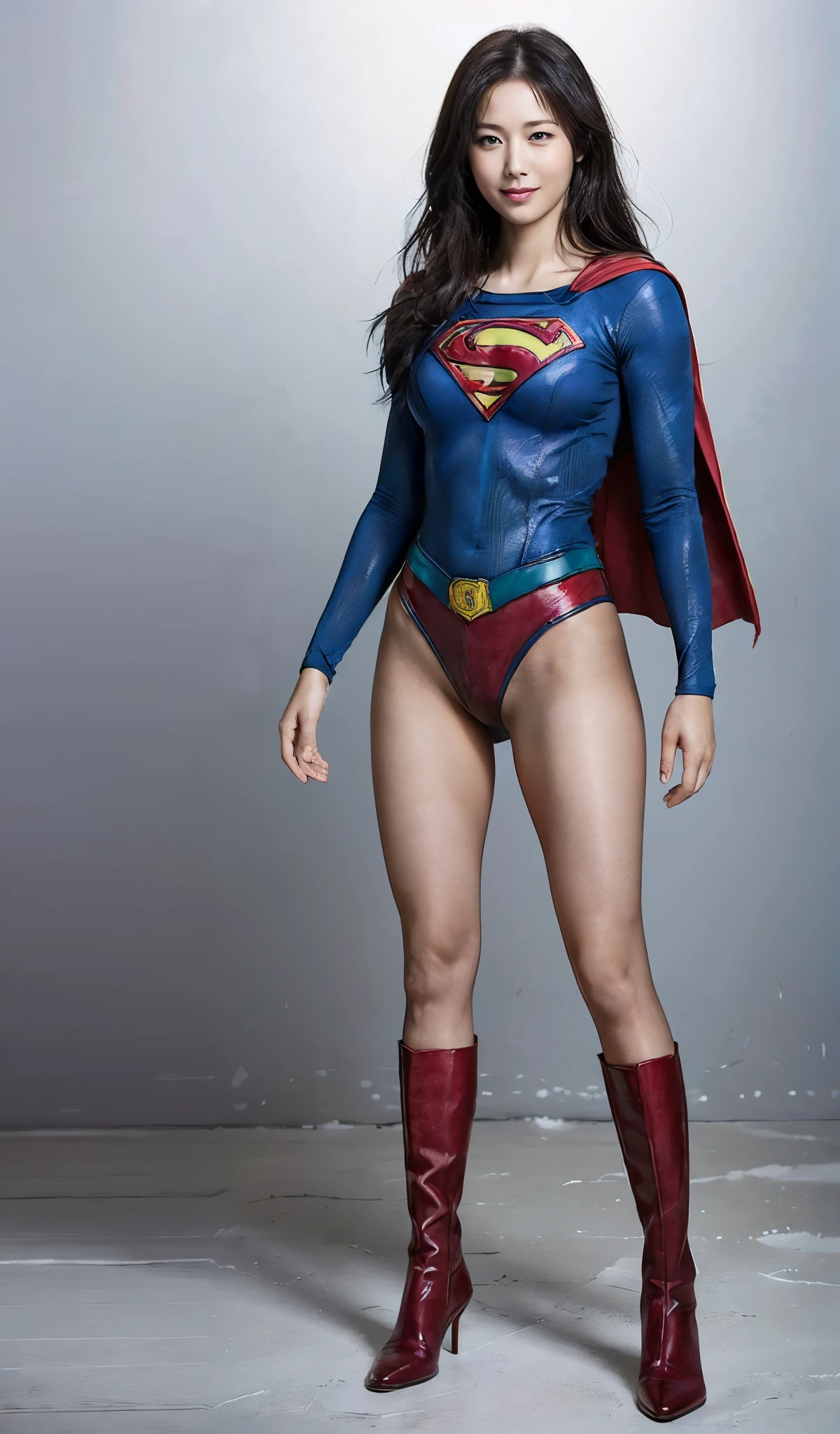 No background、(((Beautiful legs in black tights.)))、(((Legally express the beauty of your smile)))、((((Make the most of your original images)))、(((Body-hugging Supergirl costume)))、(((Supergirl Costume)))、(((Beautiful short hair)))、(((She is winking cutely.)))、(((Please wear black tights....、Wear red boots)))、((Best image quality、8k))、((highest quality、8k、masterpiece:1.3))、(((Preserve background )))、Sharp focus:1.2、Beautiful woman with perfect figure:1.4、Slim Abs:1.2、Wet body:1.5、Highly detailed face and skin texture、8k