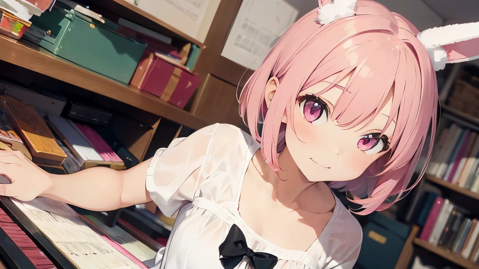 highest quality, pretty girl, pastel colour, Fluffy bunny ears, Pink short bob,Pale pink eyes,musical instrument,music room