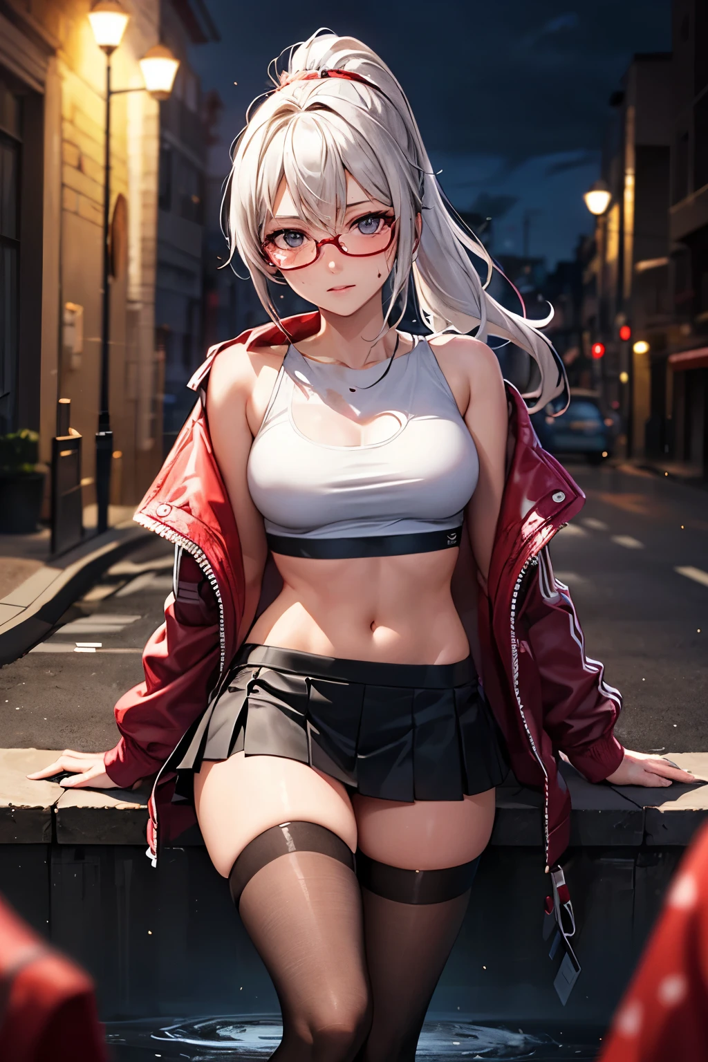 (masterpiece, best quality, official art), 1girl, glasses, ponytail, white hair, crop_top shirt, open jacket, short skirt, bloody stream, blood splatter, depth of field, night, light particles, light rays, sidelighting, thighs, thighhighs, cloud