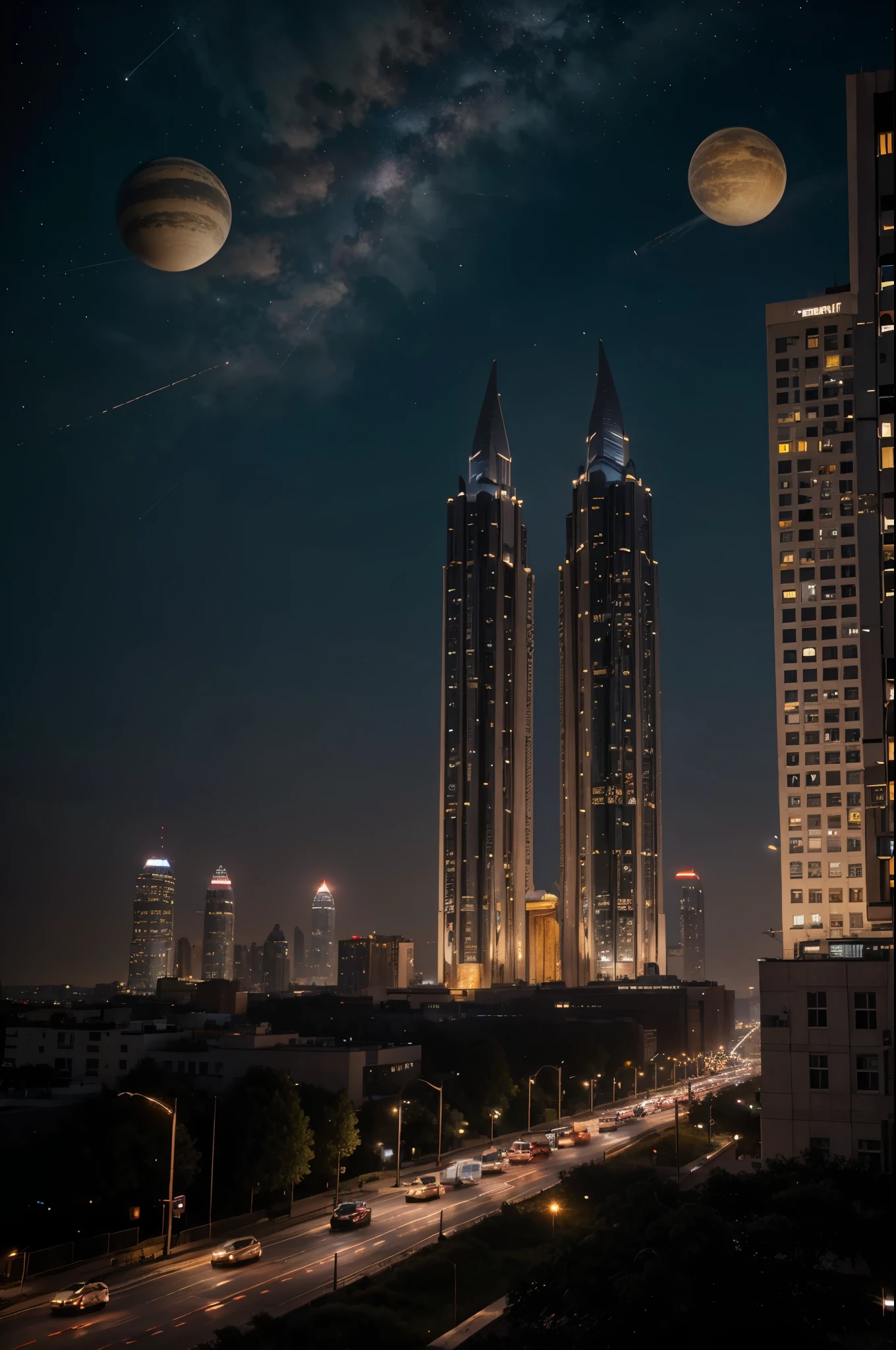 Promt: Fantastic on the planet Burkhat, Evening on the planet large planets in the sky visible, tall building made of light in the background fantastic futuristic means of transportation in the sky and on the ground Burkhatsky