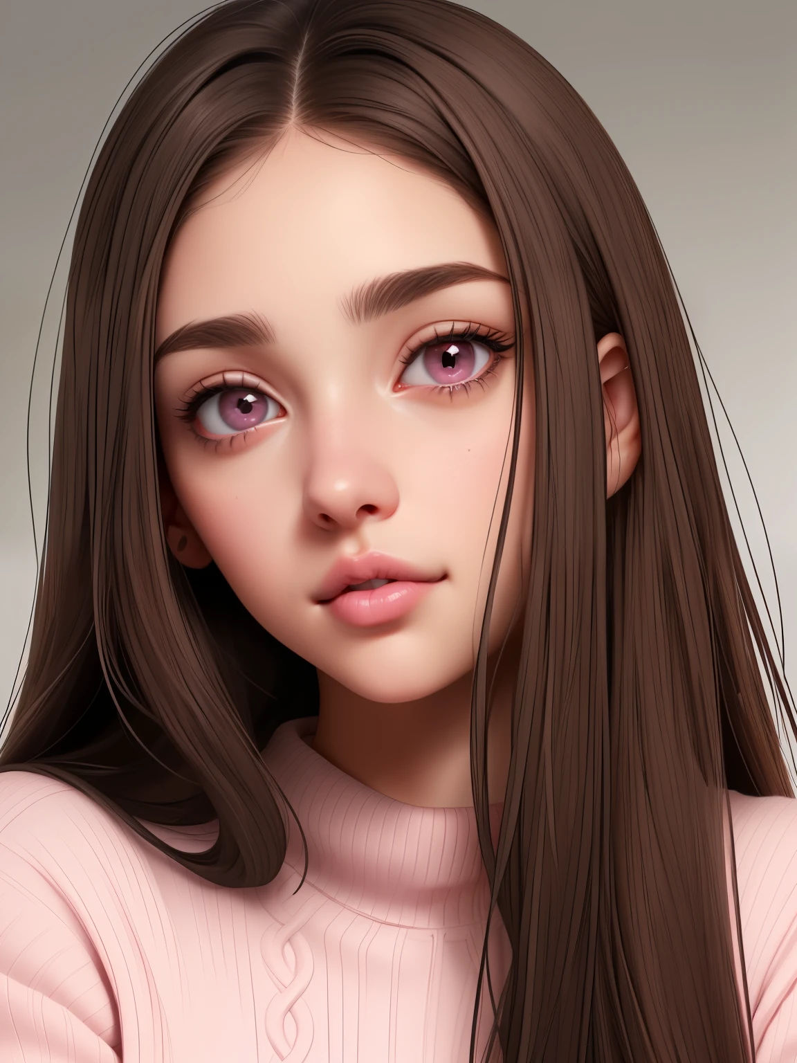 Girl, long straight brown hair, dark gray eyes, soft sharp features, white skin, pink lips, beautiful, sweater