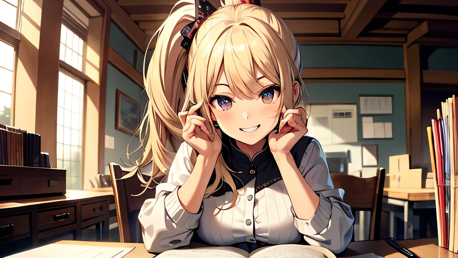 ((highest quality)), ((masterpiece)), (detailed), Perfect Face、Pen collection、Spread it out on the desk、blonde、Smooth Hair、ponytail、smile、
