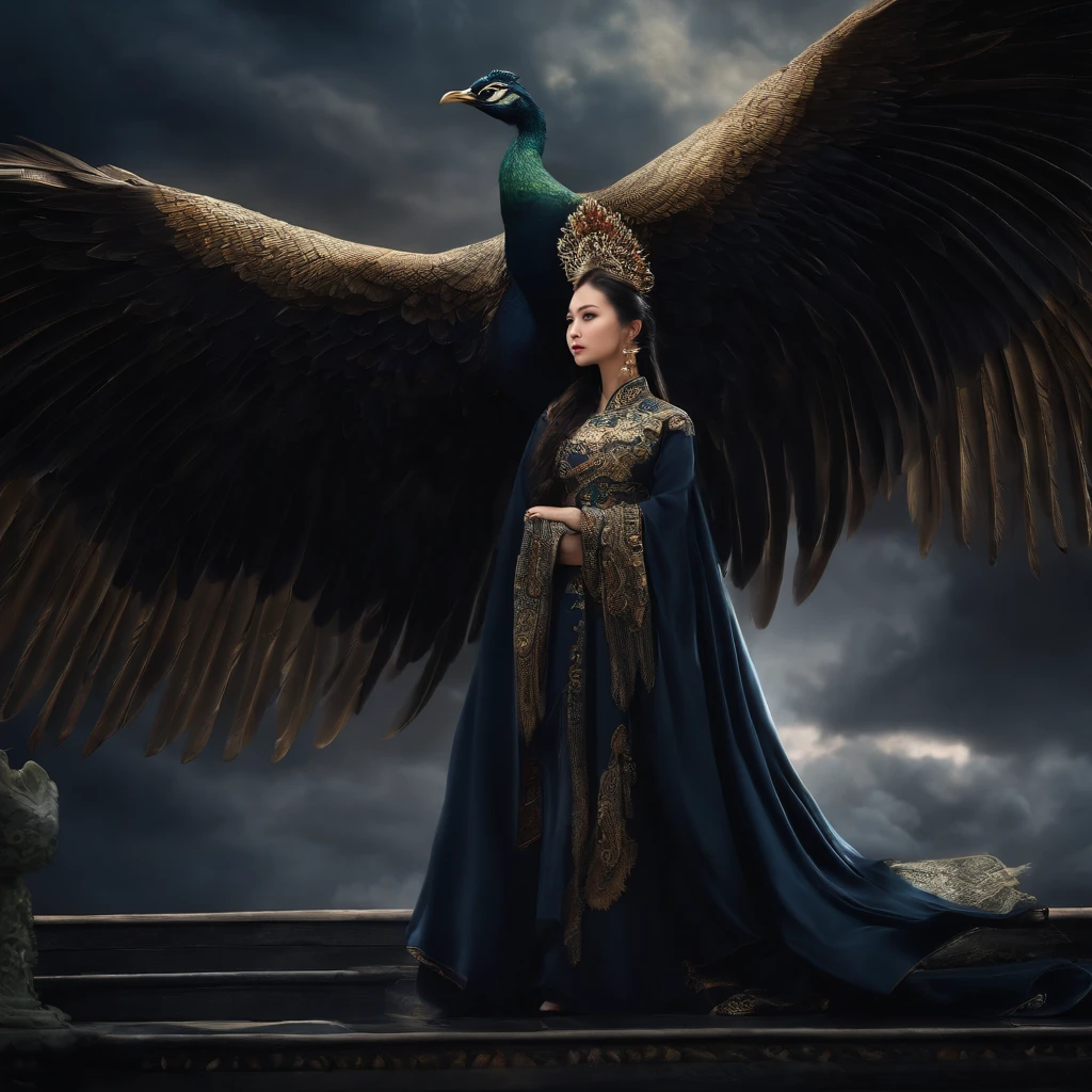 ((High quality, movie-like, best quality, extreme details, masterpiece detail eyes, oriental fantasy background)), night, dark clouds (many lightning bolts) black phoenix wings (peacock category), nobility, elegance, beauty, coldness , queen, beautiful girl (oriental female surname), eyes closed (thinking about things), (black) oriental dress, upper body 8k, shoulders (black feather cloak), Yamagishi