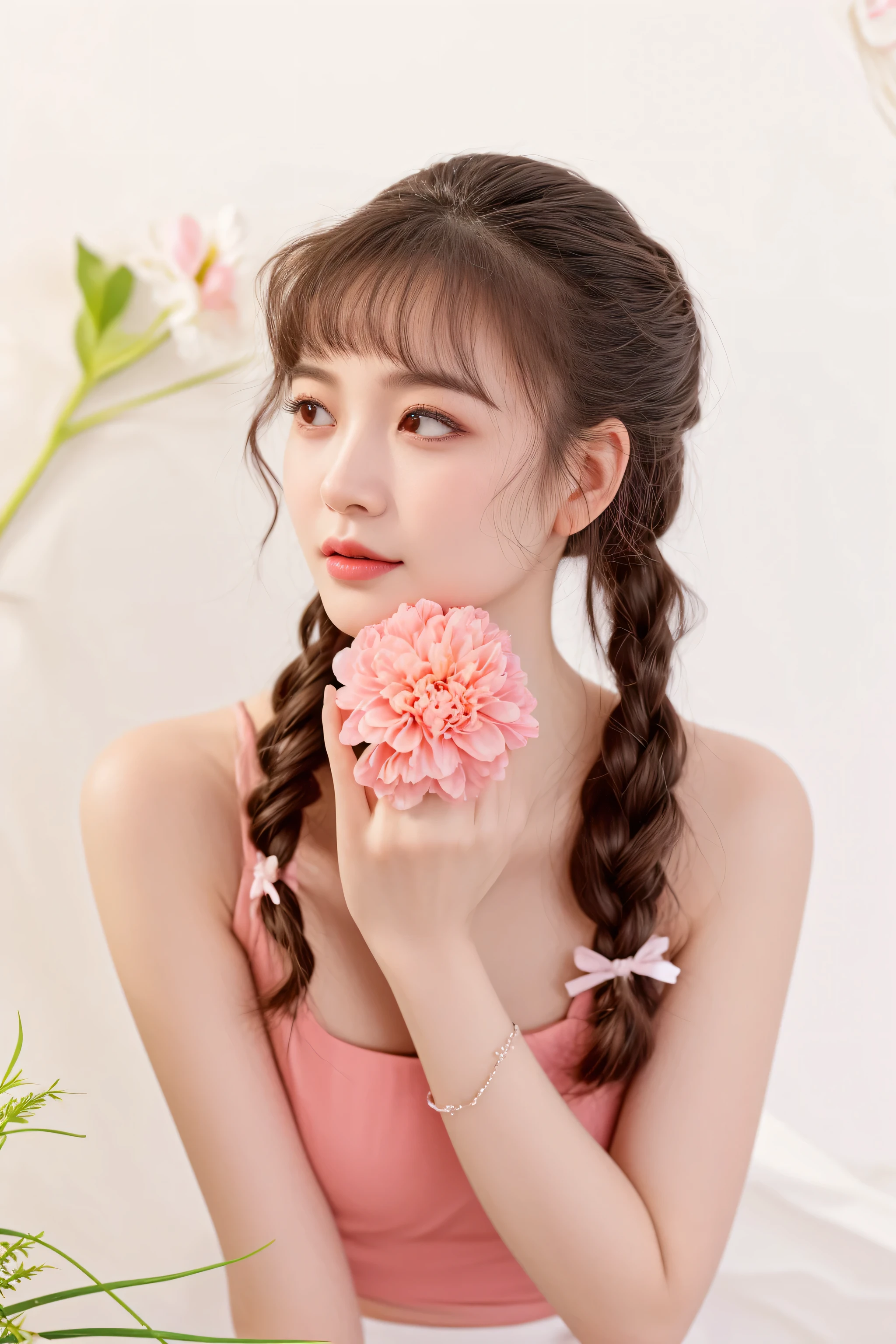 there is a woman with a flower in her hand, avec des fleurs, coiffure avec des nattes, young pale and cute asian face, une jolie jeune femme, Fille asiatique aux cheveux longs, fille avec un capitule, une jeune femme asiatique, chinoise, jeune fille asiatique, tenant une fleur, fille avec un visage de fleur, jeune et jolie fille, une jeune femme mignonne et belle