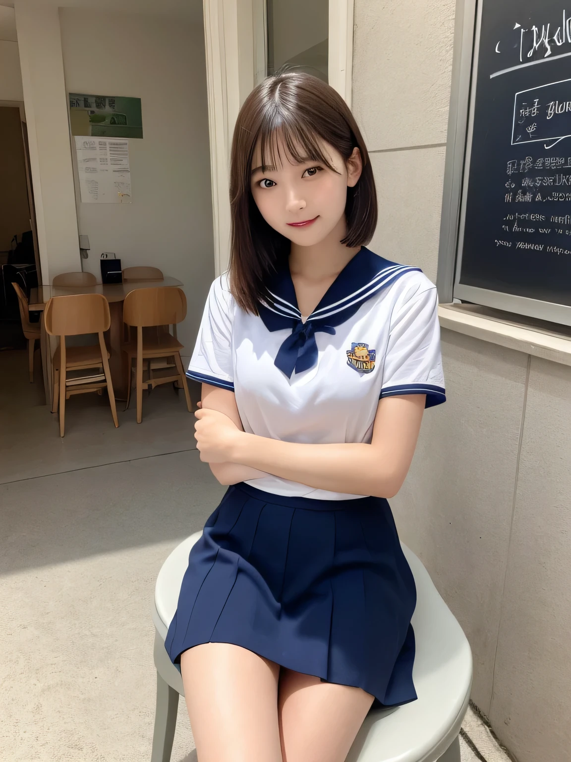 In detail,Full body photo、 Blonde、One high school girl、High resolution, high quality、Slim body、Perfect dynamic composition, Beautiful fine details, Natural Shorthair、Natural color lip,Kamimei、、Clear Skin、Navy blue sailor suit with short sleeves、Red mini skirt、Thighs、Shiny Hair、最high quality, figure, Very detailed, In detail, High resolution, 8k、The correct state of the human body、Sculpture model pose,Yellow wall,Sitting in a chair、Thighs are visible、smile、
