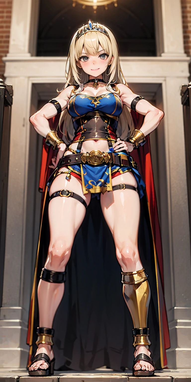 full body whole body 1sologirl loincloth standing warrior proud expression, hands on hips, loincloth standing, hands on hips, metal sandals, choker, big belt, view from below, feet together, bracers, tiara