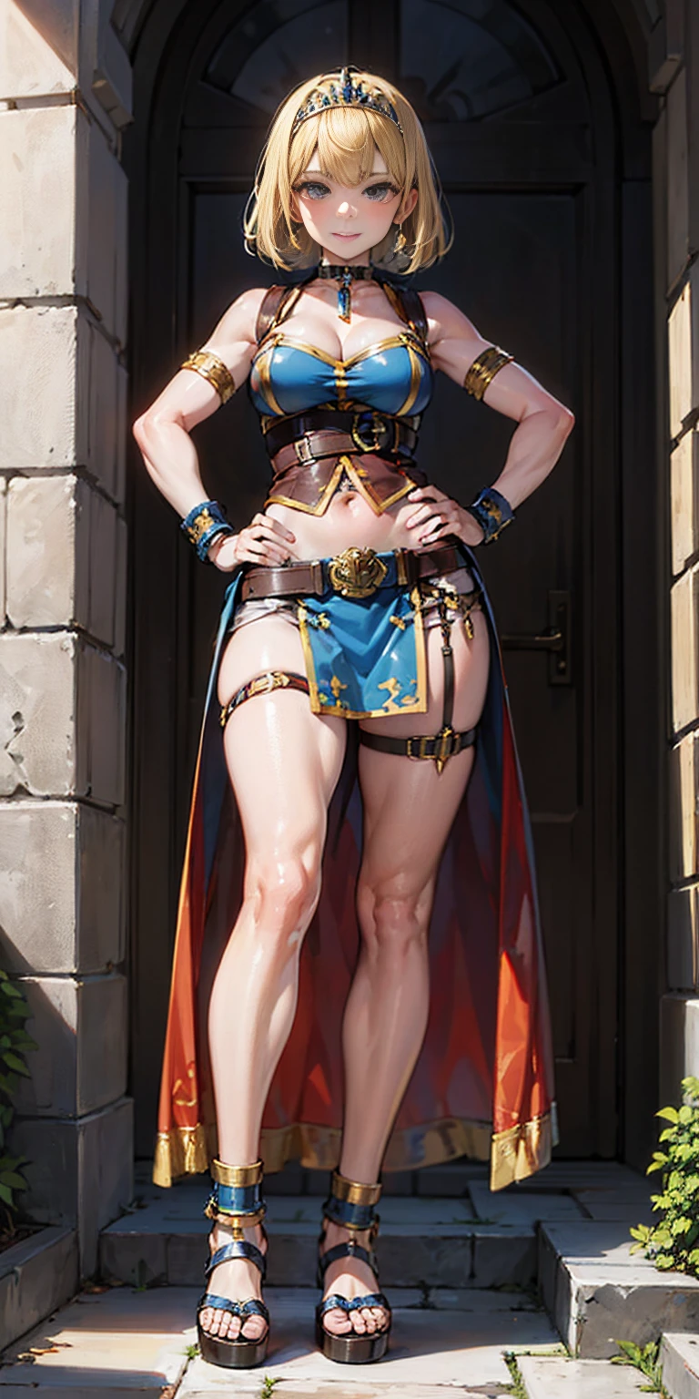 full body whole body 1sologirl loincloth standing warrior proud expression, hands on hips, loincloth standing, hands on hips, metal sandals, choker, big belt, view from below, feet together, bracers, tiara