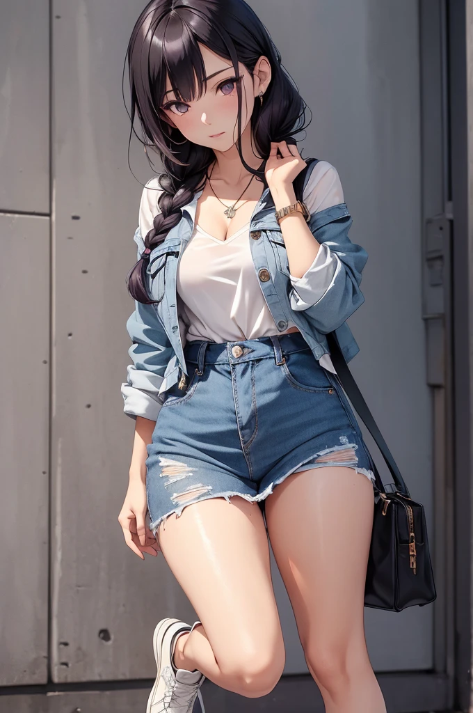 Generate a detailed, high-quality, 8k image of Hinata Hyuga from Naruto Shippuden, showcasing her full appearance and a modern, fashionable outfit suitable for contemporary settings. Start by emphasizing Hinata's soft lavender hair, styled in loose waves that frame her face delicately. Her eyes should be a captivating shade of pale lavender, expressing her gentle yet determined spirit with intricate detail. Hinata's complexion should be fair, with a subtle flush of pink on her cheeks adding to her overall charm. For her modern outfit, envision a trendy yet chic ensemble that reflects Hinata's personal style. Opt for a fitted denim jacket with distressed detailing, layered over a soft pastel-colored camisole. Pair this with high-waisted skinny jeans in a light wash, accentuating her slender figure and elongating her legs. Accessorize the outfit with a delicate pendant necklace and a stack of minimalist bracelets for a touch of sophistication. Choose footwear that balances style and comfort, such as white sneakers or ankle boots with a subtle heel. To complete the look, style Hinata's hair in a loose braid or a half-up, half-down hairstyle, adding a modern twist with a hair scarf or scrunchie. Keep her makeup natural and fresh, with rosy cheeks, glossy lips, and a subtle smoky eye to enhance her lavender gaze. Capture Hinata in a confident yet relaxed pose, exuding warmth and elegance in her modern attire. Pay meticulous attention to detail in rendering her outfit and features, ensuring a highly realistic portrayal. Deliver a final image of the highest quality, showcasing Hinata Hyuga in her contemporary, fashion-forward ensemble.