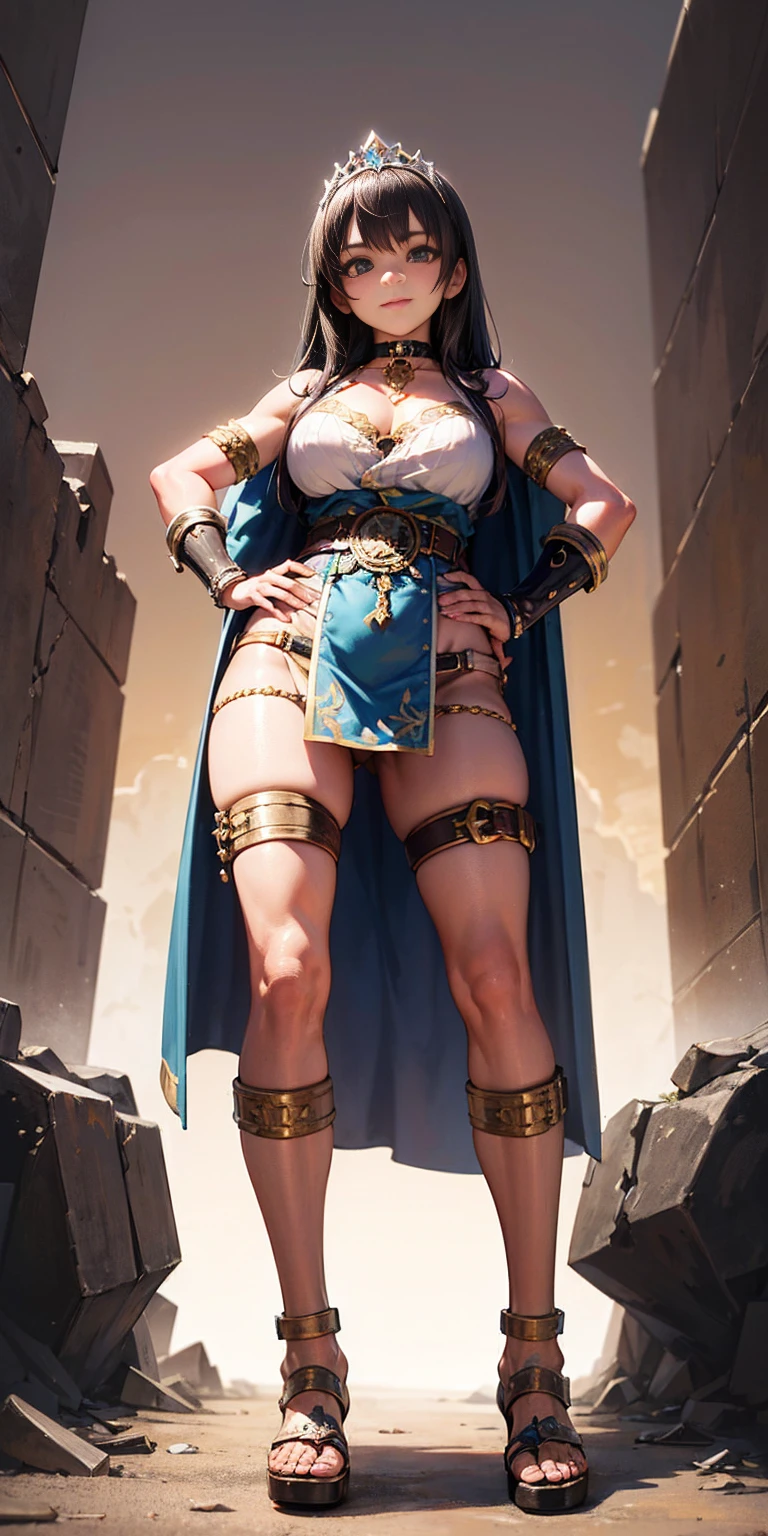 full body whole body 1sologirl loincloth standing warrior proud expression, hands on hips, loincloth standing, hands on hips, metal sandals, choker, big belt, view from below, feet together, bracers, tiara