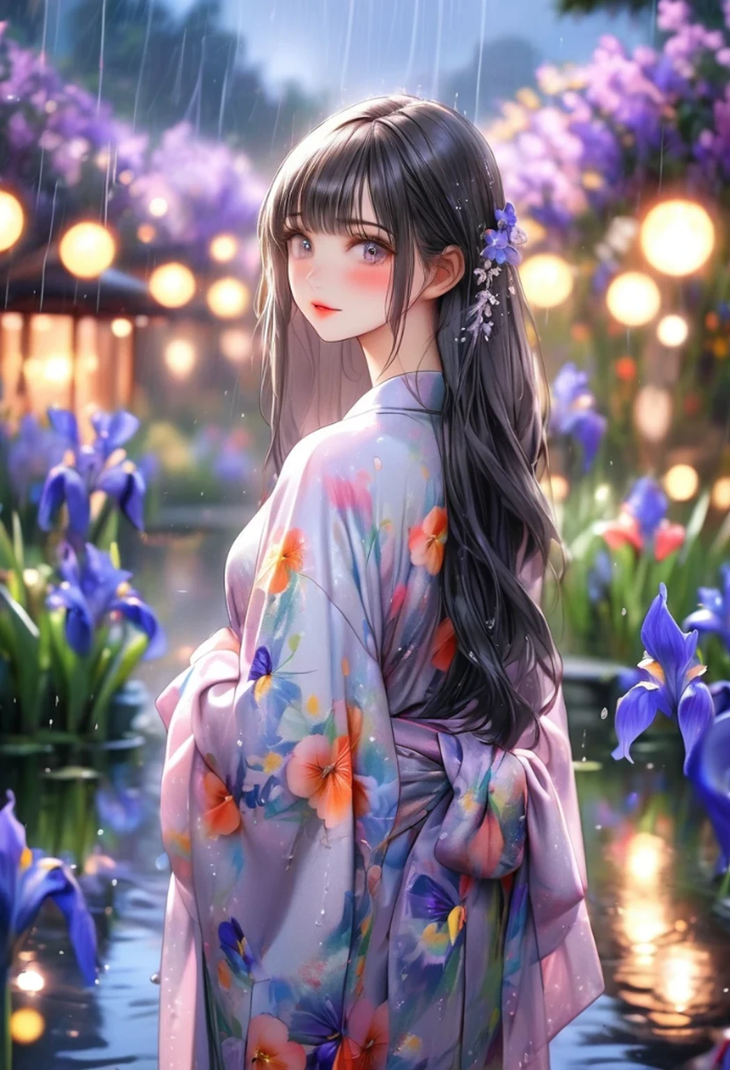 raw photo:1.2, masterpiece, highest quality, 16k, unbelievably absurd, very detailed, perfect beauty, irises, pond, gently rain, beautiful cute girl, flowy jet black long straight hair, blunt bangs, blushed cheek, kimono, standing with beautiful posing, vibrant colors, background bokeh