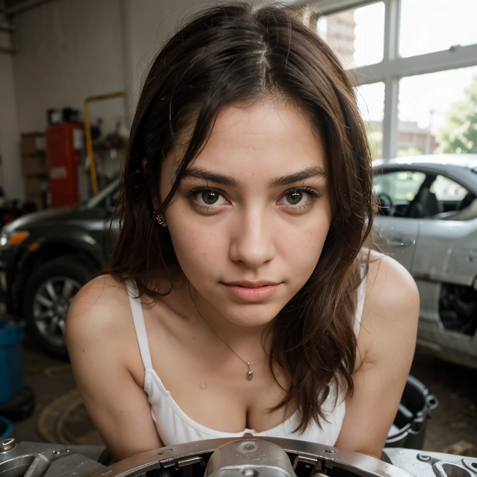 A Latina , with a playful glint in her eyes, biting her lip as she concentrates on fixing a car engine. ((best quality)), ((masterpiece)), (detailed), perfect face