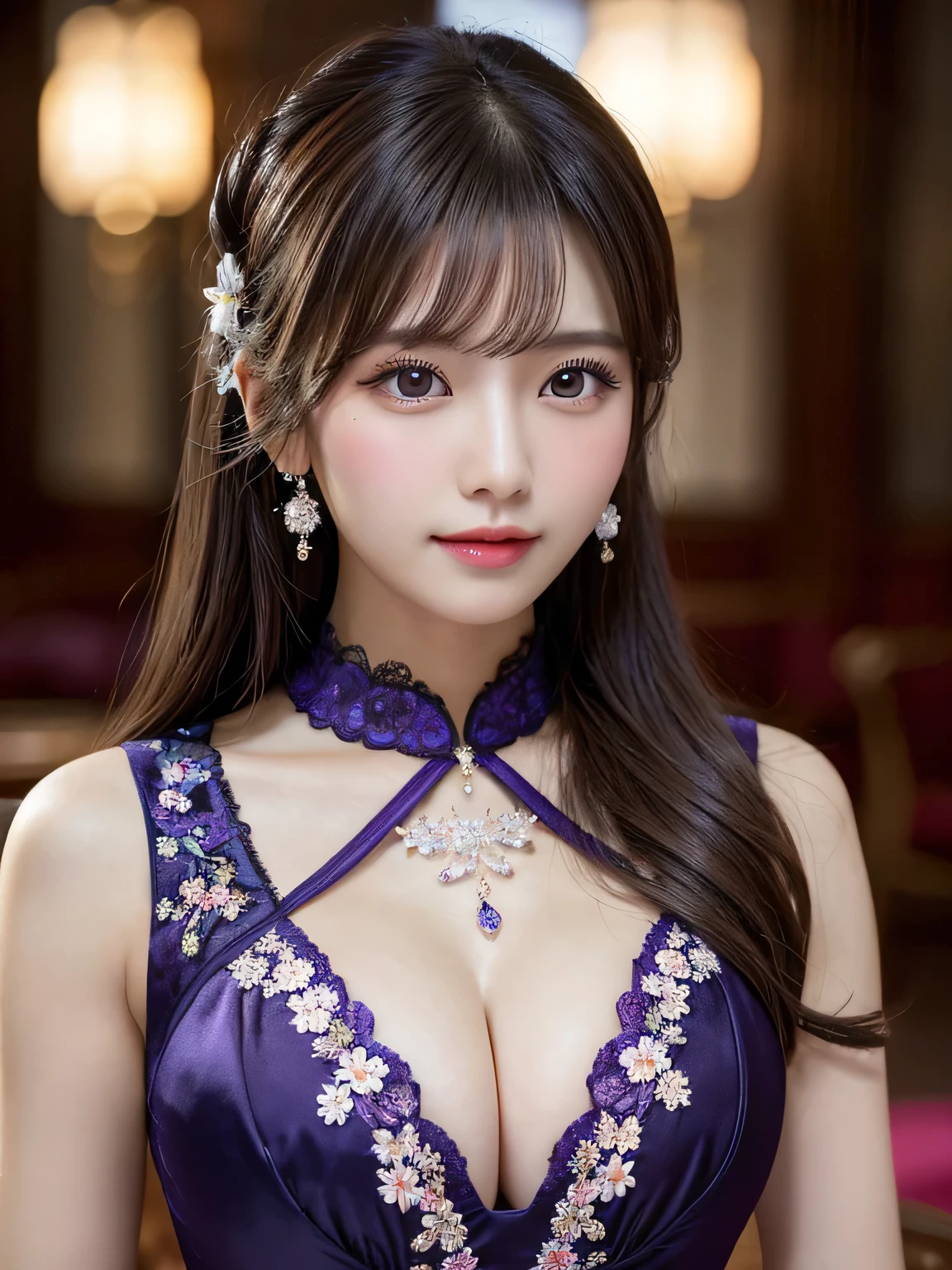 (Eyes facing forward 2.5),(Big Tits 1.8),(A gorgeous Chinese dress with a beautiful cleavage 1.8),(The color of the Chinese dress is purple),(Table Top 1.8),masterpiece,Highest Resolution,Dynamic bust of a beautiful Taiwanese woman,Delicate black bun,,Black clear eyes,Her hair is covered with beautiful and delicate floral detailing., crystal jewelry filigree,Ultra-detailed details,beauty effect,Soft Lighting。