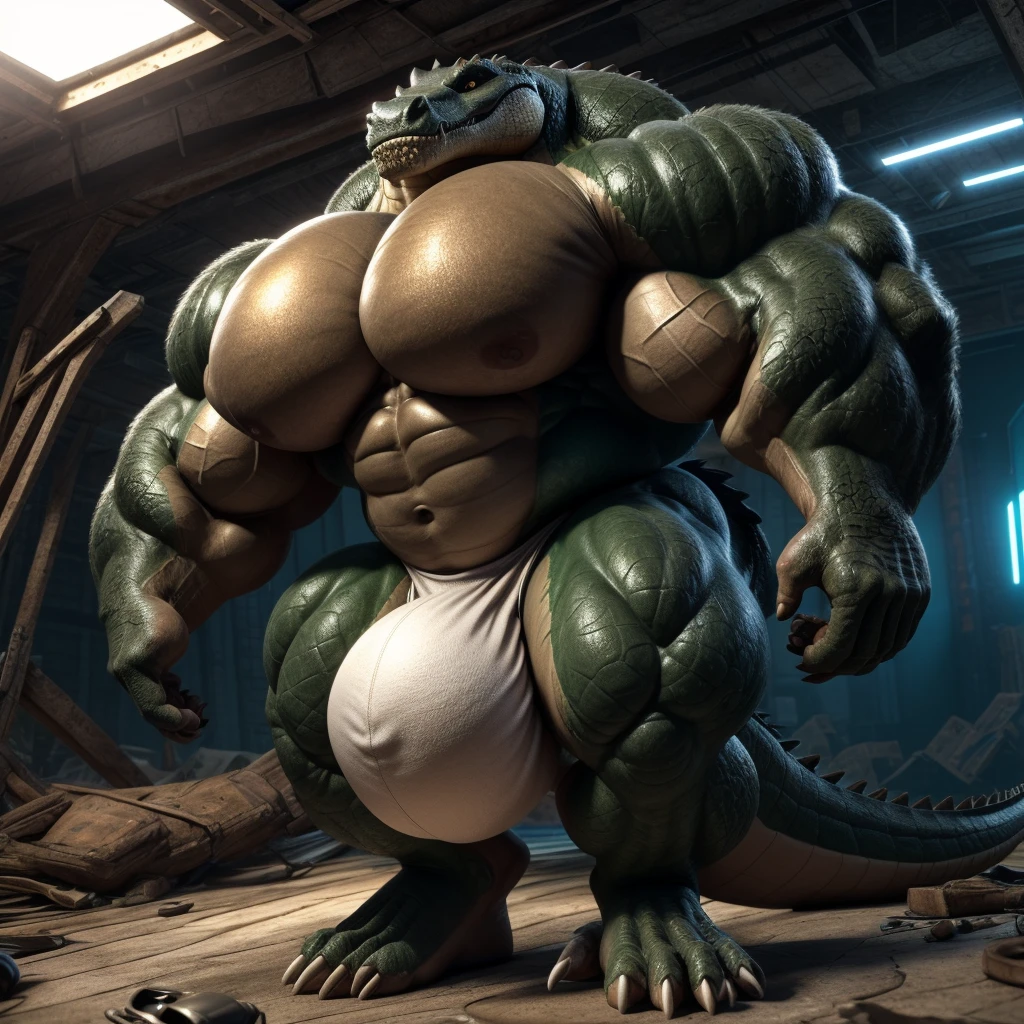 solo, male, , , , (hyper pecs:1.3), (long thick thighs:1.5), standing, indoor,,(,,(,solo,very hyper muscles:1.2)((,Huge bulge:1.5)))),(gooey)()(l)Crocodile,unreal engine,perfect light,detailed, photorealistic, 4k, hd, , , , good anatomy, , (), ,, high quality, best quality, concept art, photorealistic, diving