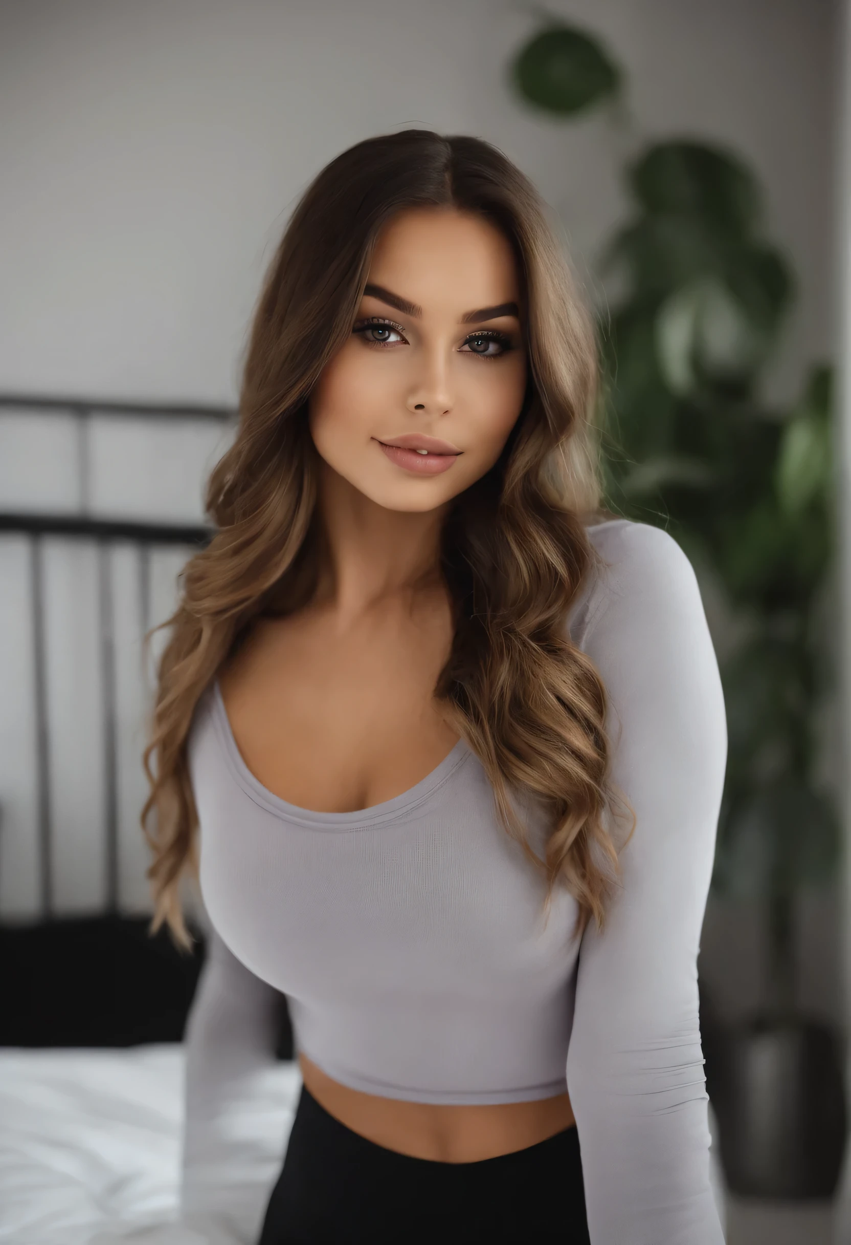 Arafed woman with tank top and matching leggings, fille sexy aux yeux bruns, Portrait de Sophie Mudd, cheveux bruns et grands yeux, selfie d&#39;une jeune femme, Yeux de chambre, violette myers, sans maquillage, maquillage naturel, tourne-toi pour regarder la caméra, Visage avec Artgram, Maquillage subtil, Superbe photo du corps entier, dans la chambre, fesses migonnes