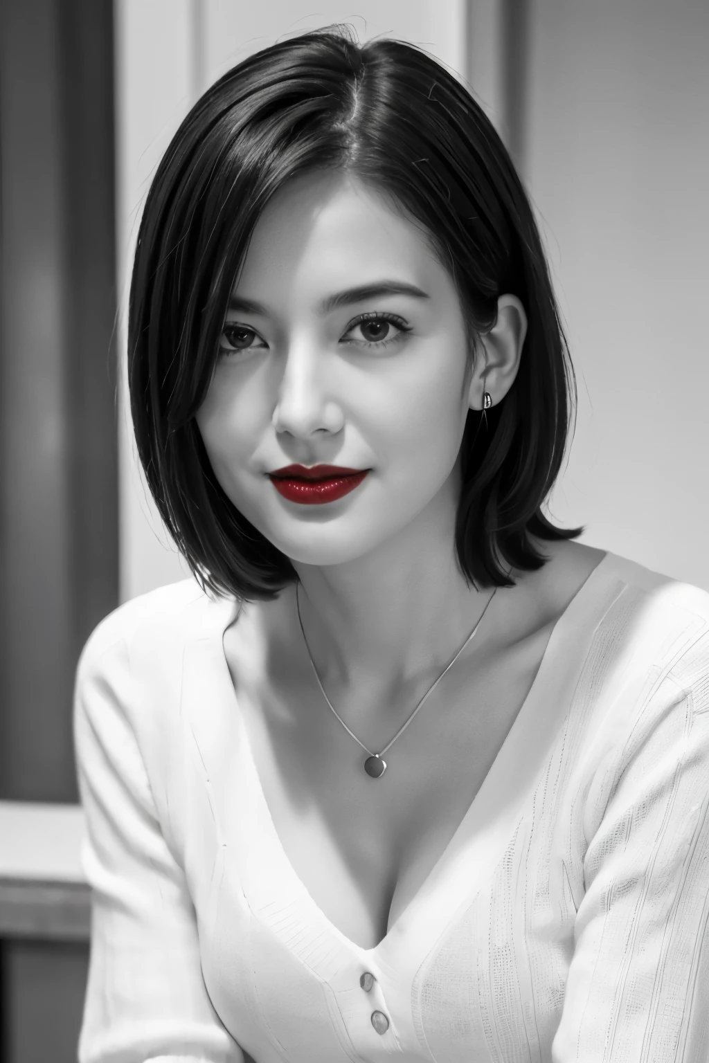 Tabletop, highest quality, Realistic, Very detailed, finely, High resolution, 8k wallpaper, RAW Photos, Professional, High level of detail, 1 girl, (((Black and white photography))), (((Red lips))), ((Looking into the camera)), (((Facing forward))), Upper Body, short hair, Bob Hair, (Straight hair), Shapely breasts, Cleavage, V-neck light knit sweater