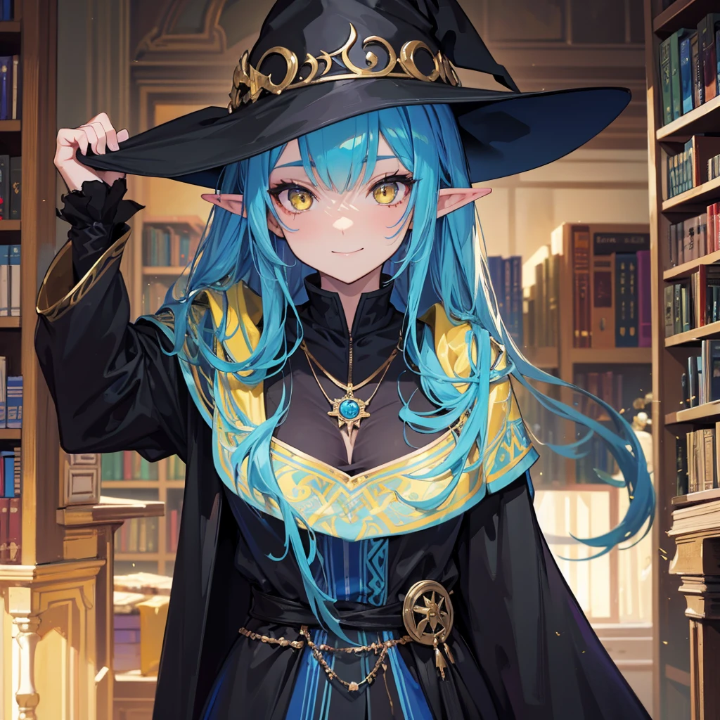 A sexy girl half elf wizard, all black and dark wizard robe, wizard hat, yellow eyes, bright blue hair colour, in library background,8k, masterpiece, best quality, highly detailed, 1girl, half-elf, solo, yellow eyes, bright blue hair, long straight hair, wearing necklace, gorgeous, smile, black robe and wizard clothing, friendly, sexy, close ups view, rings, looking at viewer, library background,