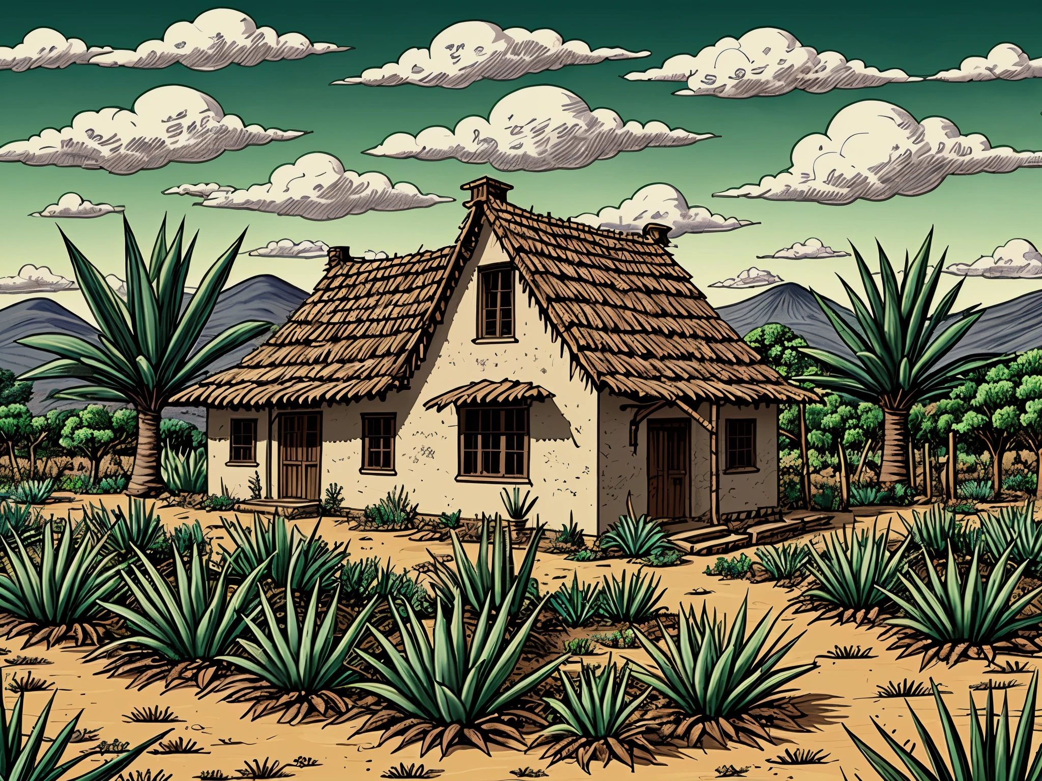 Old mud house in the middle of an agave field, hand-illustrated inspired by Jose Guadalupe Posadas.