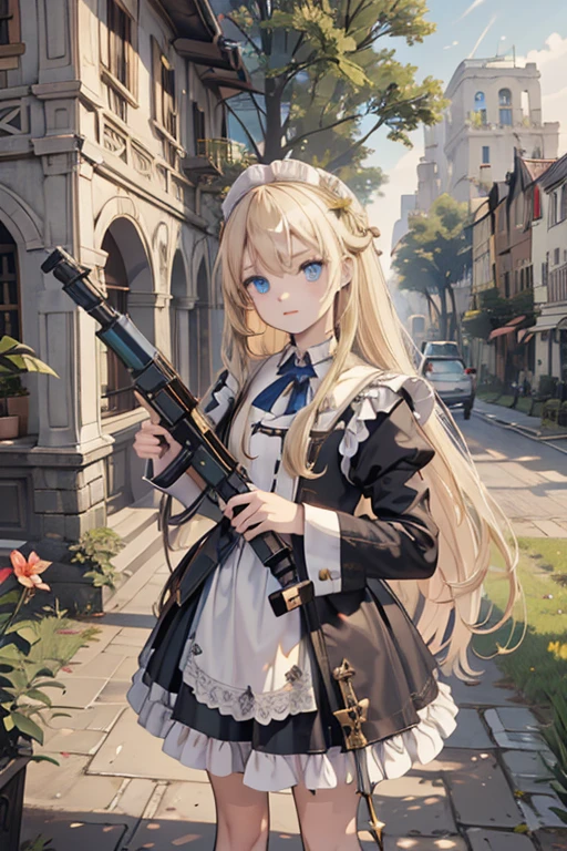 (8k, highest quality, Tabletop:1.2)、Ultra-high resolution, 14-year-old girl, Perfect Fingers, Detailed face, blue eyes, blonde, Straight hair, Long Hair, Black maid outfit, Western-style building、garden、Rocket Launcher