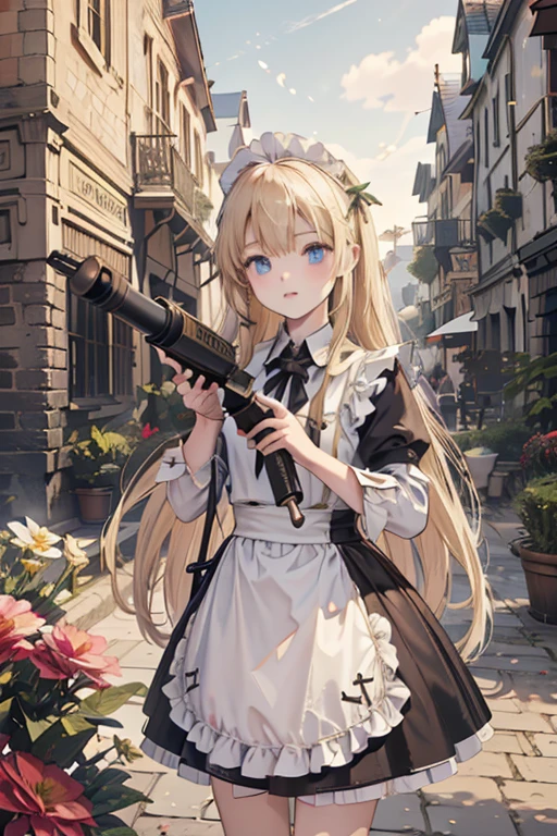 (8k, highest quality, Tabletop:1.2)、Ultra-high resolution, , Perfect Fingers, Detailed face, blue eyes, blonde, Straight hair, Long Hair, Black maid outfit, Western-style building、garden、Rocket Launcher