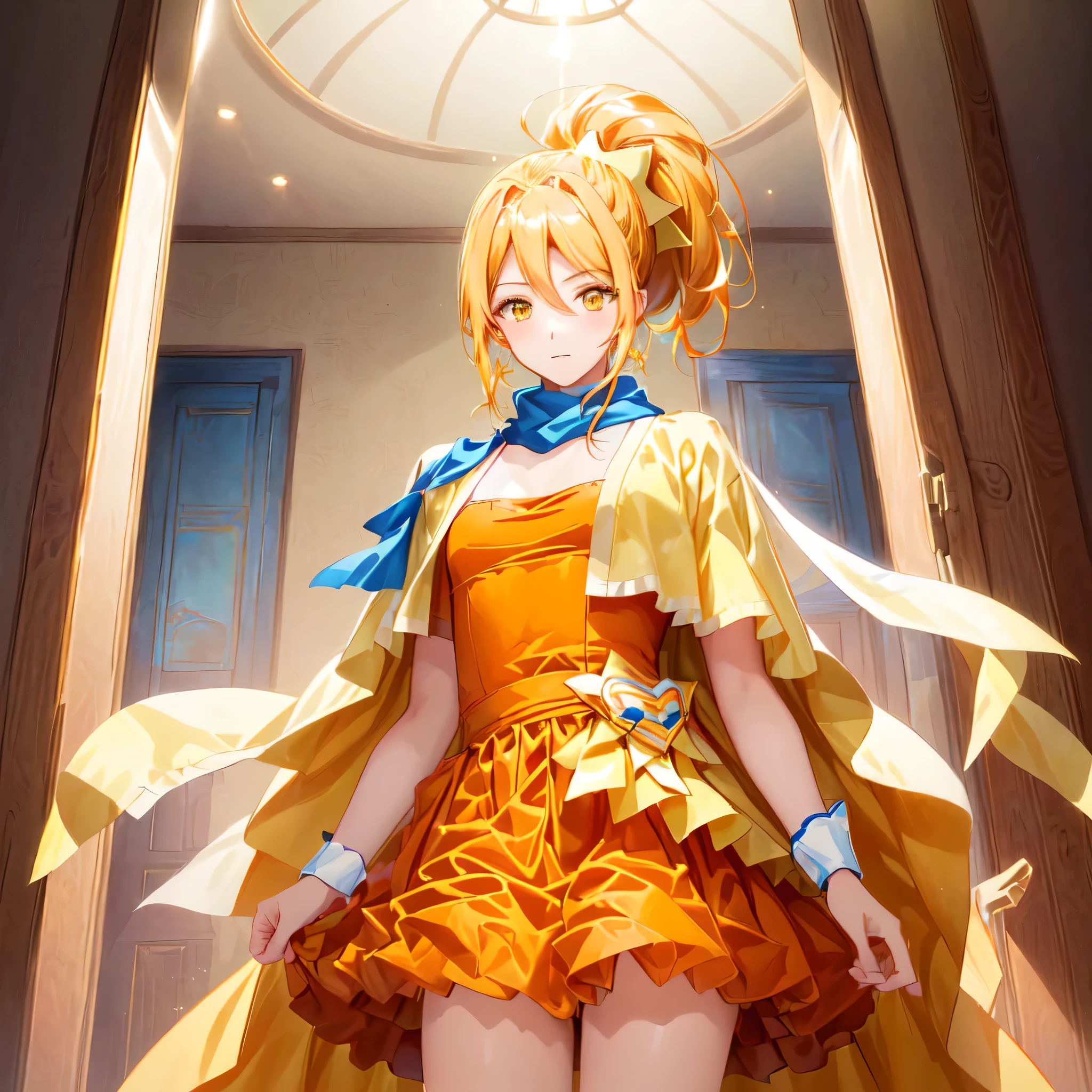 Cartoon drawing of a man in an orange dress and yellow cape、cool、Golden Aura、solo、Permed ponytail、High Ponytail、Blonde、Yellow eyed boy、Official Art、Hair between the eyes、yami cool、Dress Up Darling Anime、Blue mini hat、Yellow cardigan、Official character art、High quality artwork、Blue scarf、we、Orange Mini Skirt、A boy is standing、Anime Best Boy、Orange High Heels、Official Artwork、Bare Arms、Bare thighs、Bare legs、cool anime boy、Also、Sparkling Magical Boy、looking at viewer、Cowboy Shot、(male body:1.3)、