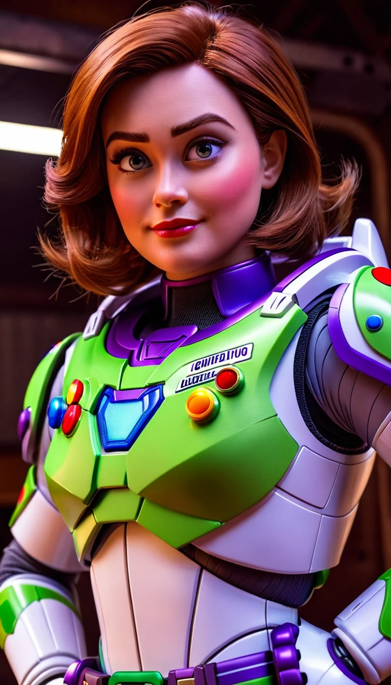 (raw photo:1.2), (photorealistic:1.4), (woman), realistic, sdxl, dynamic shot,  full body shot of Female version of Buzz Lightyear, very detailed eyes and face, beautiful detailed eyes, detailed costume, (action pose:1.2), (full body:1.3), (low angle shot:1.5), 4k resolution, high quality model, high detail, high definition, light on the face, cinematic lighting, Cinematic Hollywood Film style