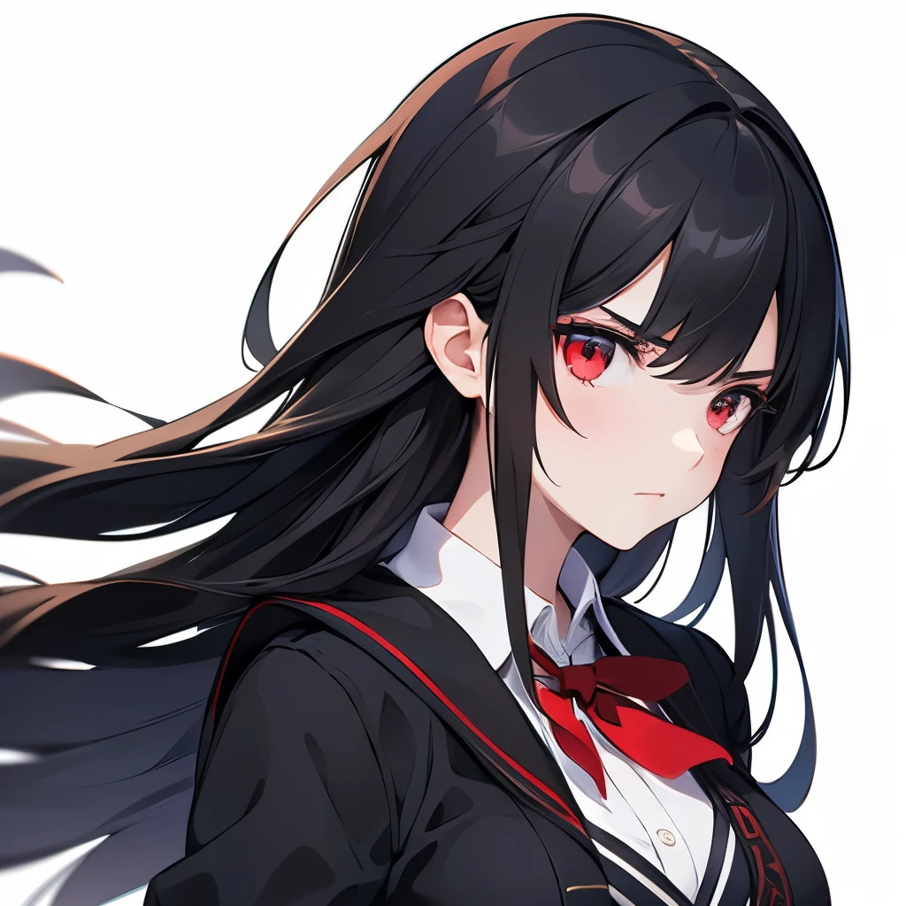 1girl, school girl, solo, portrait, (serious, cool), long hair, dark hair, red eyes black cardigan, masterpiece, best quality, (no background, simple background)