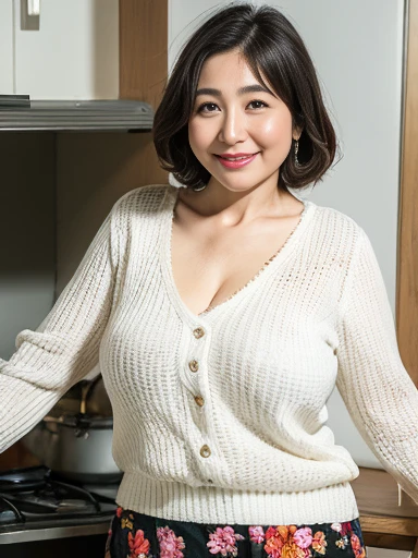 ((highest quality, 8k, masterpiece, Portraiture: 1.3)), (View your viewers), Photorealism, Sharp focus, alone, Japanese Mature, beauty,(Thin face 1.5)、smile、Wrinkles around the eyes, Emphasize, ((Big Breasts:1.6))),,(Huge Ass 1.6)40 years old, Wave, Medium Hair(White knitted sweater、The skirt is floral)(Standing in the kitchen:1.3)(From face to thighs)