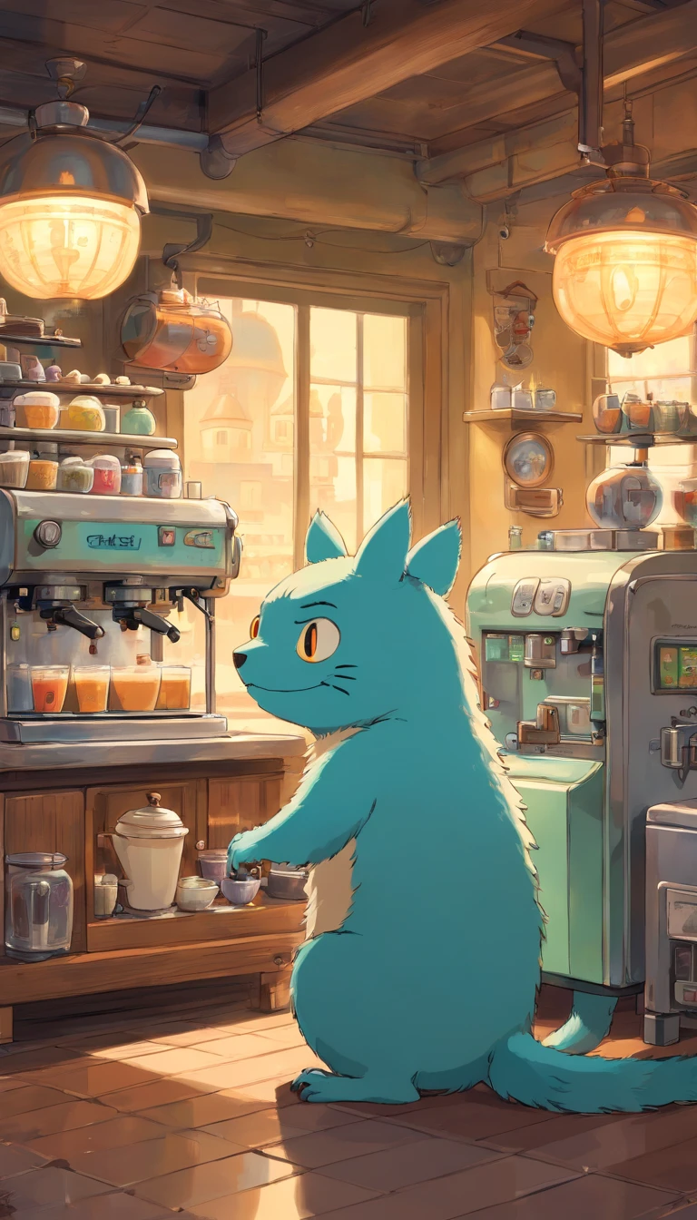 (masterpiece, highest quality, Very detailed, 8k wallpaper, Realistic), Concept Art, Anthropomorphic coffee machine, a monstrous device, Whimsical, Threat in the kitchen, Manga style, Vibrant