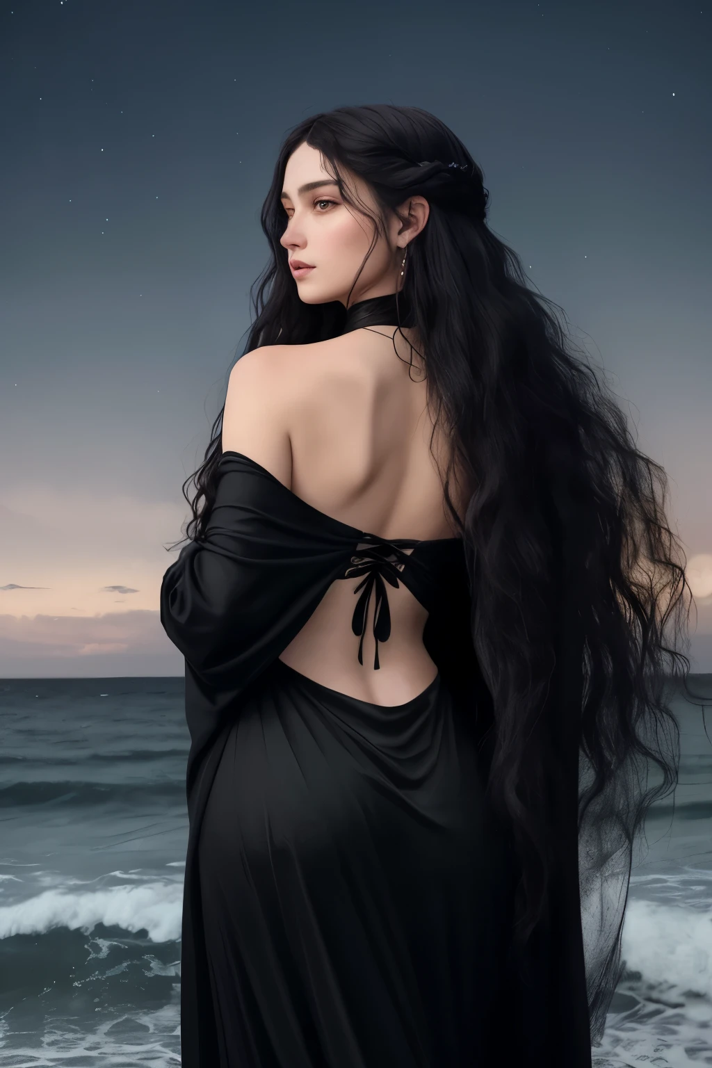 A hauntingly beautiful depiction of Aphrodite as the Death, epitomizing both beauty and mourning. The Goddess of Love stands tall, her long, black hair swaying in the wind, cascading down her back in waves. She wears an elegant high collar cloak that billows softly in the breeze, hinting at the mystery shrouding her presence. The background is a hauntingly beautiful black moon, illuminated by the soft glow of the night sky, with white-black smoke swirling around her, symbolizing the ambiguity of her role. This masterpiece, capturing the delicate juxtaposition of life and death, is photographed in exquisite detail