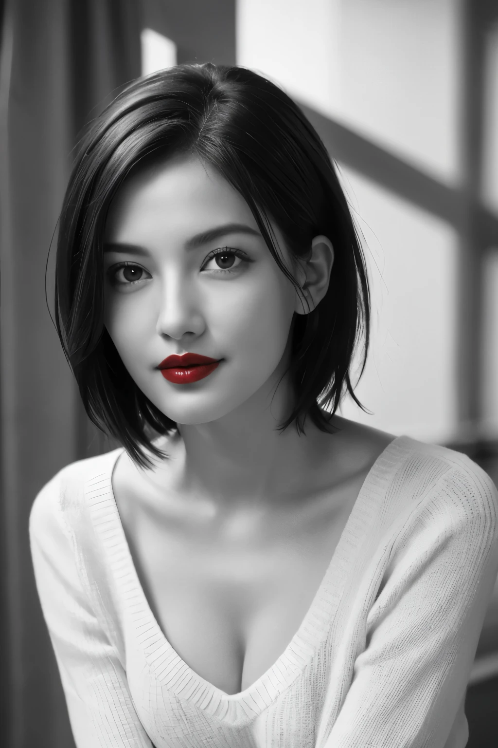 Tabletop, highest quality, Realistic, Very detailed, finely, High resolution, 8k wallpaper, RAW Photos, Professional, High level of detail, 1 girl, (((Black and white photography))), (((Red lips))), ((Looking into the camera)), (((Facing forward))), Upper Body, short hair, Bob Hair, (Straight hair), Shapely breasts, Cleavage, V-neck light knit sweater