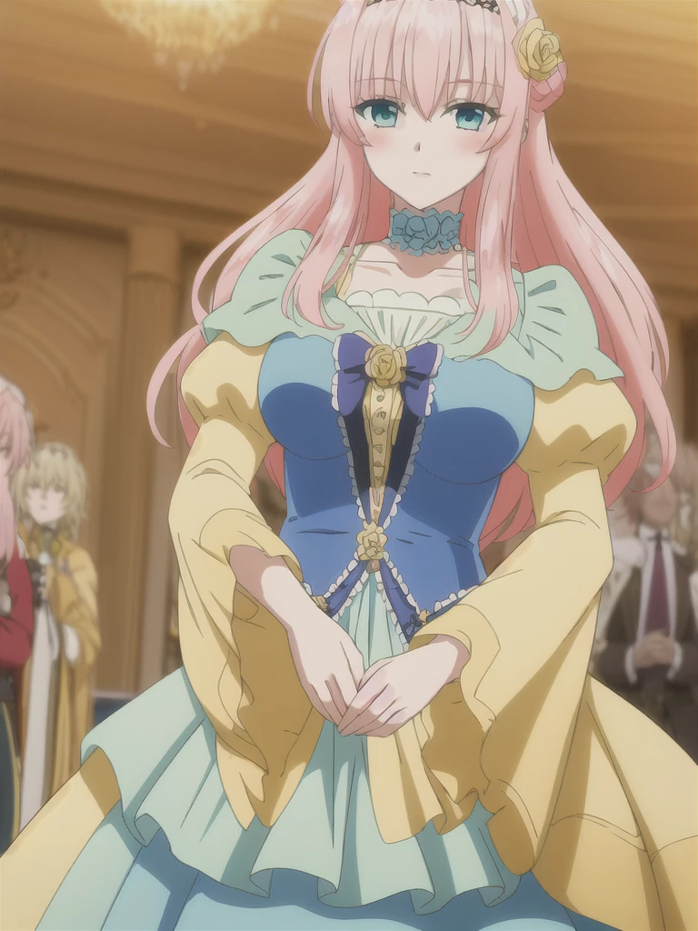 (((Best quality))),((Ultra-detailed)),((illustration)),((Disheveled hair)),((frilld)),(1 girl), 1girl , aqua eyes , bangs , blue eyes , blurry , blurry background , blurry foreground , blush , bow , breasts , choker , curtains , depth of field , dress , eyebrows visible through hair , figure , flower , focused , frilled sleeves , frills , hair flower, hair ornament , hairband , indoors , jewelry , long hair , long sleeves , looking at viewer , medium breasts , motion blur , multiple boys , photo \(medium\) , pink hair , rose , solo focus , wide sleeves , yellow flower , yellow rose