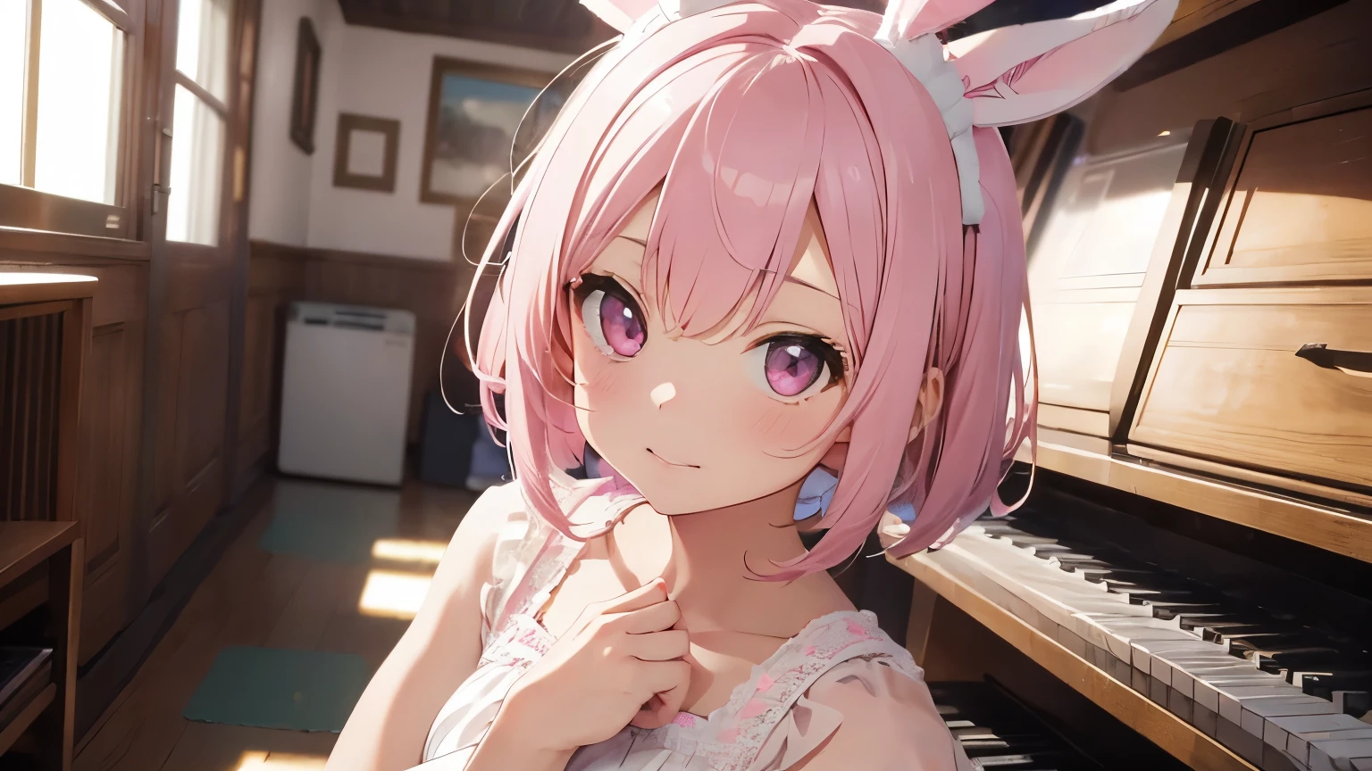 highest quality, pretty girl, pastel colour, Fluffy bunny ears, Pink short bob,Pale pink eyes,musical instrument,music room