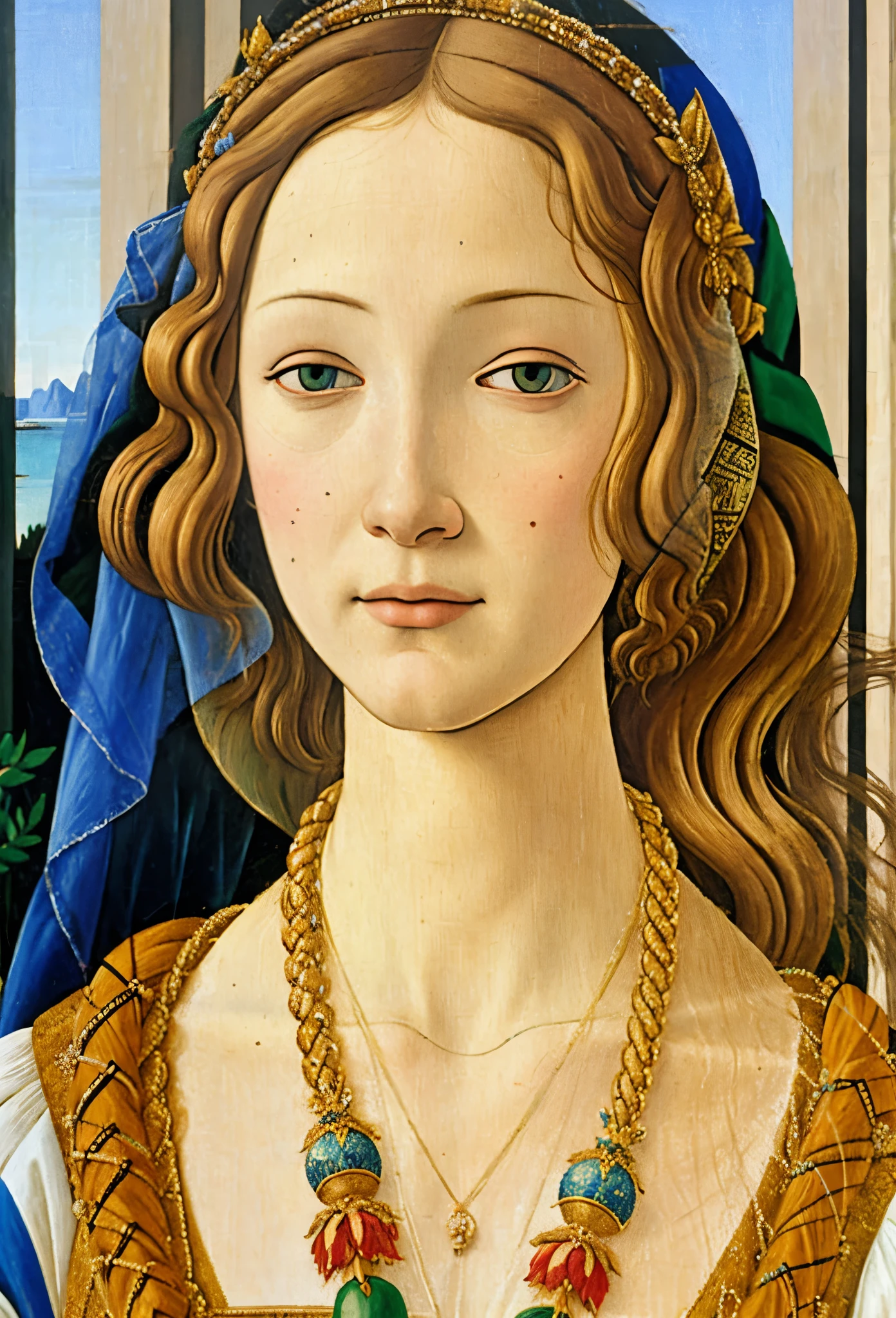 painting of a woman with a feathered headdress and a necklace, a renaissance painting by Sandro Botticelli, pinterest, renaissance, in style of sandro botticelli, in a style blend of botticelli, sandro botticelli. very soft, sandro botticelli style, botticelli style, boticelli, botticelli, blue eyes