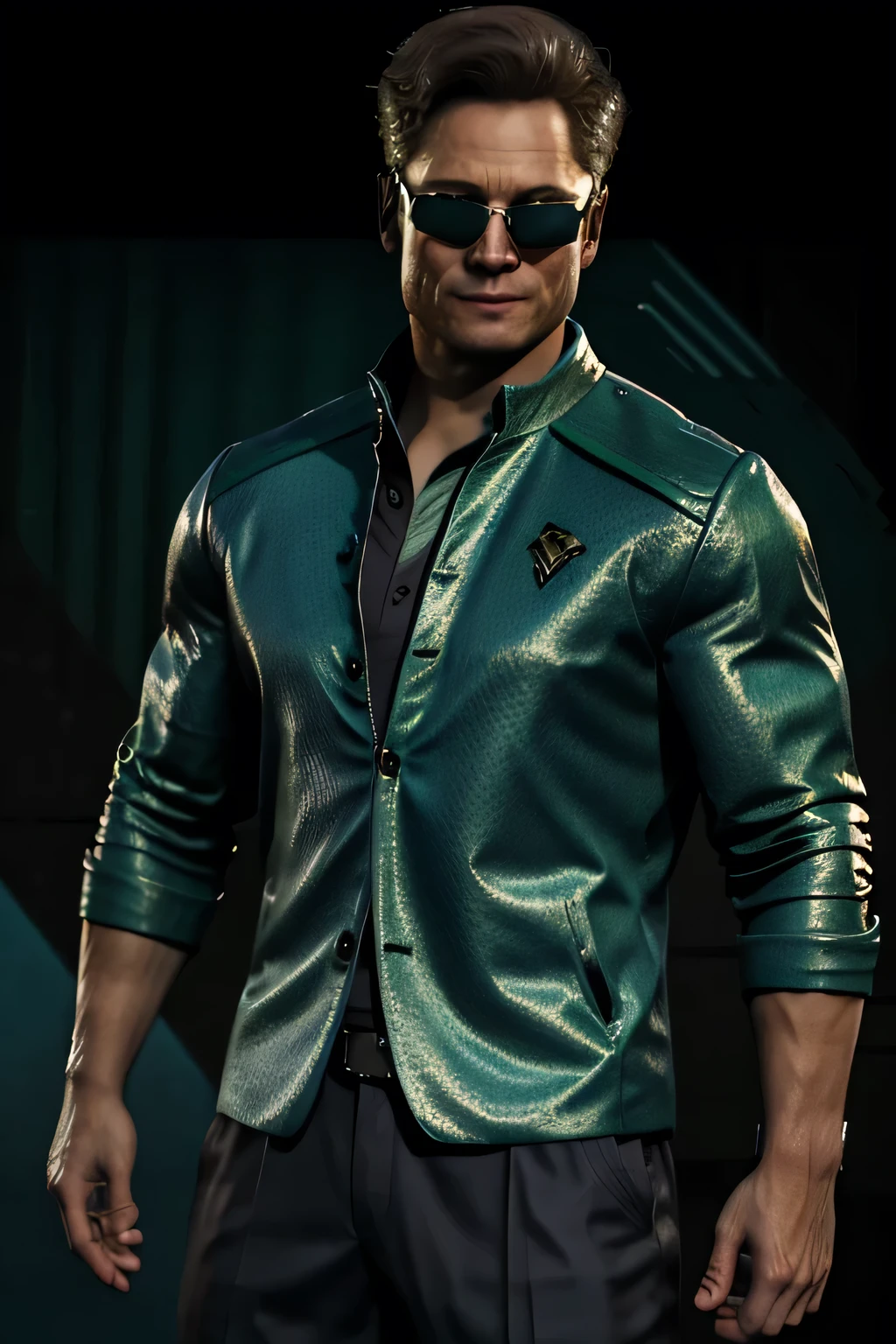 (Johnny Cage), cocky smirk, sunglasses, Mortal Kombat, Character Design, dynamic lighting, cool and bright colors, green suit jacket, open jacket, black dress suit