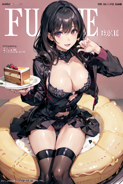 1 girl, small nose, very beautiful detailed face and eyes, bright colors, cute face, delicate beautiful face, Bright magenta eyes, cute eyes, sparkling eyes, Big eyes, (big breasts:1.3), (perky chest:1.1), (pointed chest:1.0), (cake magazine cover:1.3),highest quality, WorKs of masters, High resolution,BlacK color hair,shiny hair, side ponytail,hair between eyes,bangs, (black jacket, real clothes, cleavage, black skirts, black thighhighs, thigh strap, fingerless gloves, single glove:1.2) , spread legs, panties shot, medium hips, glamorous body, white skin, smile, thin pubric hair, super beautiful face, Super beautiful eyes, Super beautiful hair,trendy outfit,sexy and attractive,full body esbian, Real World, Natural light,perfect Natural light,(with sparkling eyes and a contagious smile), This masterpiece is not only visually stunning but also tells, make of cake cooking , in the kitchen, open mouth, looking at viewer,