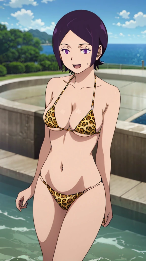 (masterpiece, 4K, highest quality, anime style: 1.9, Detailed face, Lovely, Ocean,Bold Line, High resolution, anime, Lake 4. alone, Curvaceous, Thighs, Cleavage, Mid-chest, smile, Please open your mouth wide, Very slim belly, Cowboy Shot,Leopard print micro bikini,1 girl、Kitora Ai, short hair, Embarrassed look