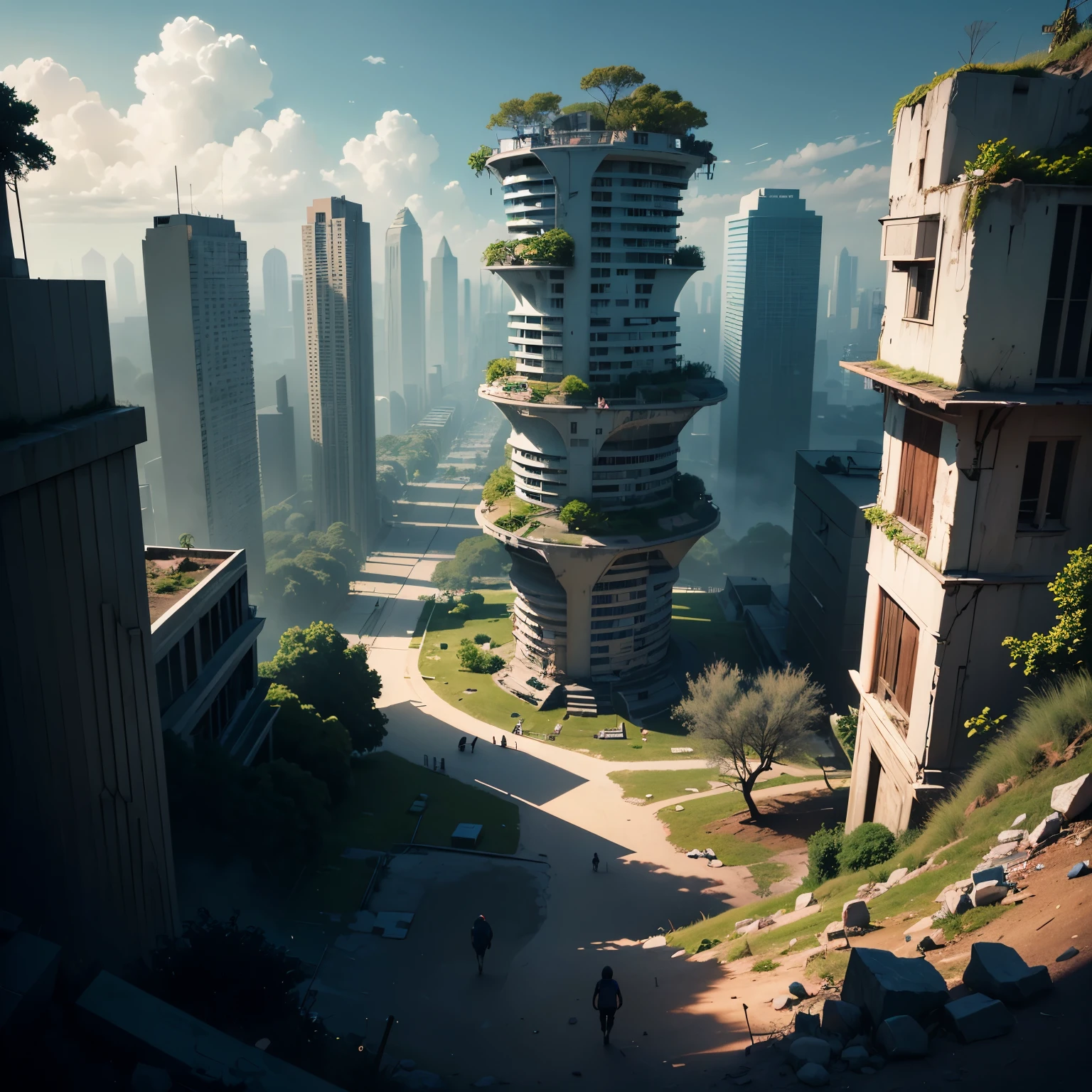 (Cinza-vermelho,azul-ouro,esquema de cores:1.4)In a post-apocalyptic metropolis, The remains of a huge city are in ruins, Semelhante ao estilo de jogo pixelado. Capture the view through the drone's perspective, Fornece um efeito de lente olho de peixe exclusivo. The atmosphere is full of nostalgic cyberpunk vibe, Dilapidated cars and buildings are intertwined in a mesmerizing display. The city is bathed in neon lights, Casts an eerie glow on the floating dust particles that fill the air. In the midst of desolation, A natureza resiste, Plants are slowly reclaiming your urban landscape with their continued growth. The scene is a fascinating mix of futurism and decadence, Crie um mundo surreal,Remnants of the past merge with the possibilities of a new future.