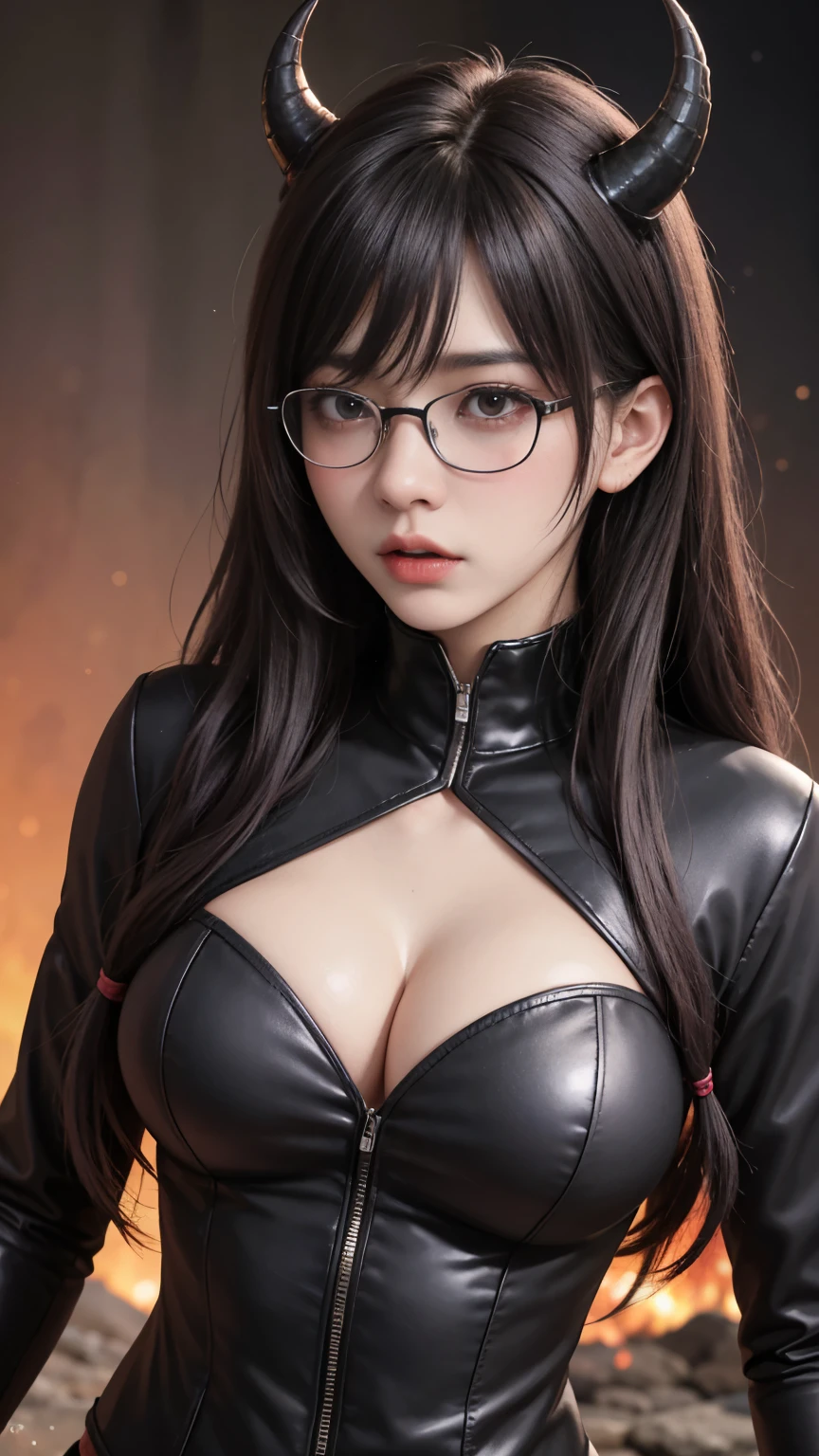 background(Black Night Sky,Big Moon),Close-up of a woman,Wearing a white shirt、((Black-rimmed glasses))、Purple Hair,Very long hair,very thick braids,Purple eyes,big , realistic girl rendering, 8k artistic german bokeh, Enchanting girl, Realistic girl, Gurwitz, Gurwitz-style artwork, Girl Roleplay, Realistic 3D style, cgstation Popular Topics,, 8K Portrait Rendering,(truth,truth:1.4),Wear pink pajamas,巨big ,Sparkling eyes,Purple eyes、(highest quality,4K,8k,High resolution,masterpiece:1.2),Very detailed,(Realistic,photoRealistic,photo-Realistic:1.37),Mythical monster,Beast-like creature,Muscular,Six big legs,Stand like a gorilla,Red fur covering the body,two big horns,Drill teeth,Sharp Claws,Huge shape,Burning Fire Magic,Energy aura,A threatening presence,Glowing Eyes,Intimidating posture,Dark Environment,Smoke-filled air,Ominous Shadow,Majestic and fierce,Explosive power,Vibrant colors,bold,Horror art style,moving composition,Dramatic lighting,rib layer,large sharp teeth,Sharp Edges,Very detailedスケール,Burning Crack,Burning Flames,Furious expression,Burning with anger,Surrounded by sparks and embers