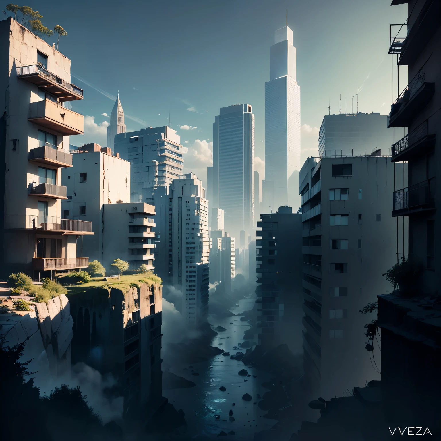 (Cinza-vermelho,azul-ouro,esquema de cores:1.4)In a post-apocalyptic metropolis, The remains of a huge city are in ruins, Semelhante ao estilo de jogo pixelado. Capture the view through the drone&#39;s perspective, Fornece um efeito de lente olho de peixe exclusivo. The atmosphere is full of nostalgic cyberpunk vibe, Dilapidated cars and buildings are intertwined in a mesmerizing display. The city is bathed in neon lights, Casts an eerie glow on the floating dust particles that fill the air. In the midst of desolation, A natureza resiste, Plants are slowly reclaiming your urban landscape with their continued growth. The scene is a fascinating mix of futurism and decadence, Crie um mundo surreal，Remnants of the past merge with the possibilities of a new future.