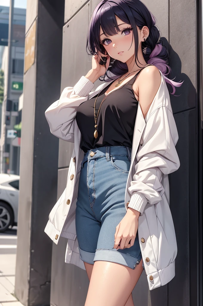 Generate a detailed, high-quality, 8k image of Hinata Hyuga from Naruto Shippuden, showcasing her full appearance and a modern, fashionable outfit suitable for contemporary settings. Start by emphasizing Hinata's soft lavender hair, styled in loose waves that frame her face delicately. Her eyes should be a captivating shade of pale lavender, expressing her gentle yet determined spirit with intricate detail. Hinata's complexion should be fair, with a subtle flush of pink on her cheeks adding to her overall charm. For her modern outfit, envision a trendy yet chic ensemble that reflects Hinata's personal style. Opt for a fitted denim jacket with distressed detailing, layered over a soft pastel-colored camisole. Pair this with high-waisted skinny jeans in a light wash, accentuating her slender figure and elongating her legs. Accessorize the outfit with a delicate pendant necklace and a stack of minimalist bracelets for a touch of sophistication. Choose footwear that balances style and comfort, such as white sneakers or ankle boots with a subtle heel. To complete the look, style Hinata's hair in a loose braid or a half-up, half-down hairstyle, adding a modern twist with a hair scarf or scrunchie. Keep her makeup natural and fresh, with rosy cheeks, glossy lips, and a subtle smoky eye to enhance her lavender gaze. Capture Hinata in a confident yet relaxed pose, exuding warmth and elegance in her modern attire. Pay meticulous attention to detail in rendering her outfit and features, ensuring a highly realistic portrayal. Deliver a final image of the highest quality, showcasing Hinata Hyuga in her contemporary, fashion-forward ensemble.
