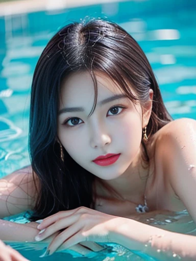 Miho, 1 girl, detailed face, a woman with long black hair and a off shoulder revealing breasts and body wrap(((Nsfw))), in the swimming pool scene, (night light), wet body, led lighting, magnificent light, close up, portrait, upperbody, RAW, (intricate details:1.3), (best quality:1.3), (masterpiece:1.3), (hyper realistic:1.3), best quality, 1 girl, ultra-detailed, ultra high resolution, very detailed mphysically based rendering, dynamic angle, dynamic pose, wind, 8K UHD, Vivid picture, High definition, intricate details, detailed texture, finely detailed, high detail, extremely detailed cg, High quality shadow, a realistic representation of the face, beautiful detailed, (high detailed skin, skin details), slim waist, beautiful and realistic and detailed hands and fingers:1, best ratio four finger and one thumb, (detailed face, detailed eyes, beautiful face), ((korean beauty, kpop idol, ulzzang, korean celebrity, korean cute, korean actress, korean, a beautiful 18 years old beautiful korean girl)), (high detailed skin, skin details), Detailed beautiful delicate face, Detailed beautiful delicate eyes, a face of perfect proportion, (beautiful and realistic and detailed hands and fingers:1.3), (Big breasts:1.3), (full body shot:1.3), (long legs:1.3), (sparkling eyes:1.3), (sparkling lips:1.3), taken by Canon EOS, SIGMA Art Lens 35mm F1.4, ISO 200 Shutter Speed 2000, Vivid ((korean beauty, kpop idol, ulzzang, korean celebrity, korean cute, korean actress, korean, insta goddess:1.3, a beautiful 18 years old beautiful korean girl)), (blue eye), (black long hair),chanel_jewelry, chanel_bag, vancleef_necklace,Nice legs and hot body, see-through,hourglass bodyshape.