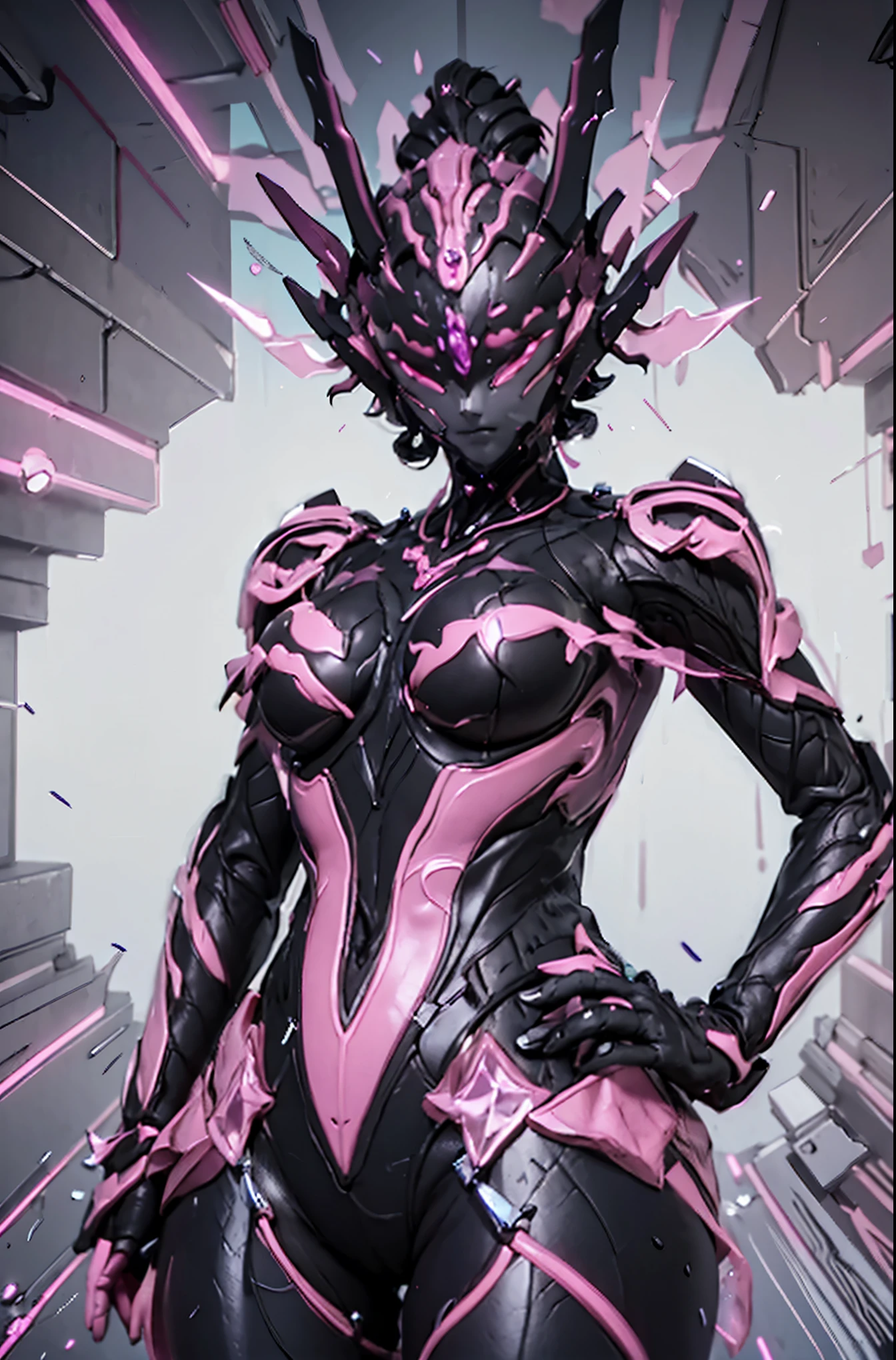 Ultraman Woman. （high quality）（luster）（Black and Pink thema color）（Black helmet. Black  Face）women only. The whole body is covered with a black bodysuit. Spike decoration. Pink lines all over the body. purple coloreye. pink glow crystal. pink sharp claw. squat pose. Emphasize the belly button. dark background.