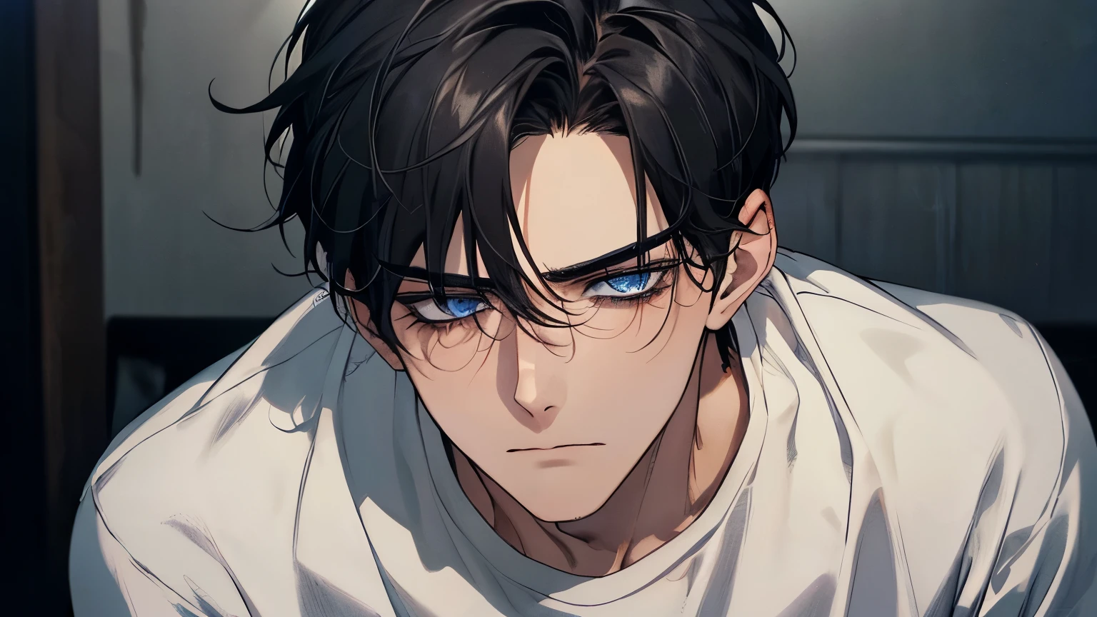 A Sad boy Crying in dark room, male, Night, bed, there is 21 years old handsome guy，White T-shirt，black long pants，A gentle face，A dark-haired、sad face, frown, Eyes drawn in detail、a handsome、Cinematic power、detailed eyes, detailed face, detailed nose