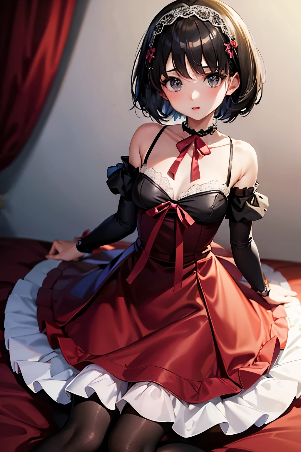 Erica、Pokémon、Black Hair、Short Hair、((pantyhose))、Photo from below、Medium chest、Bedroom、One girl、Red ribbon on head、((Wedding dress))、