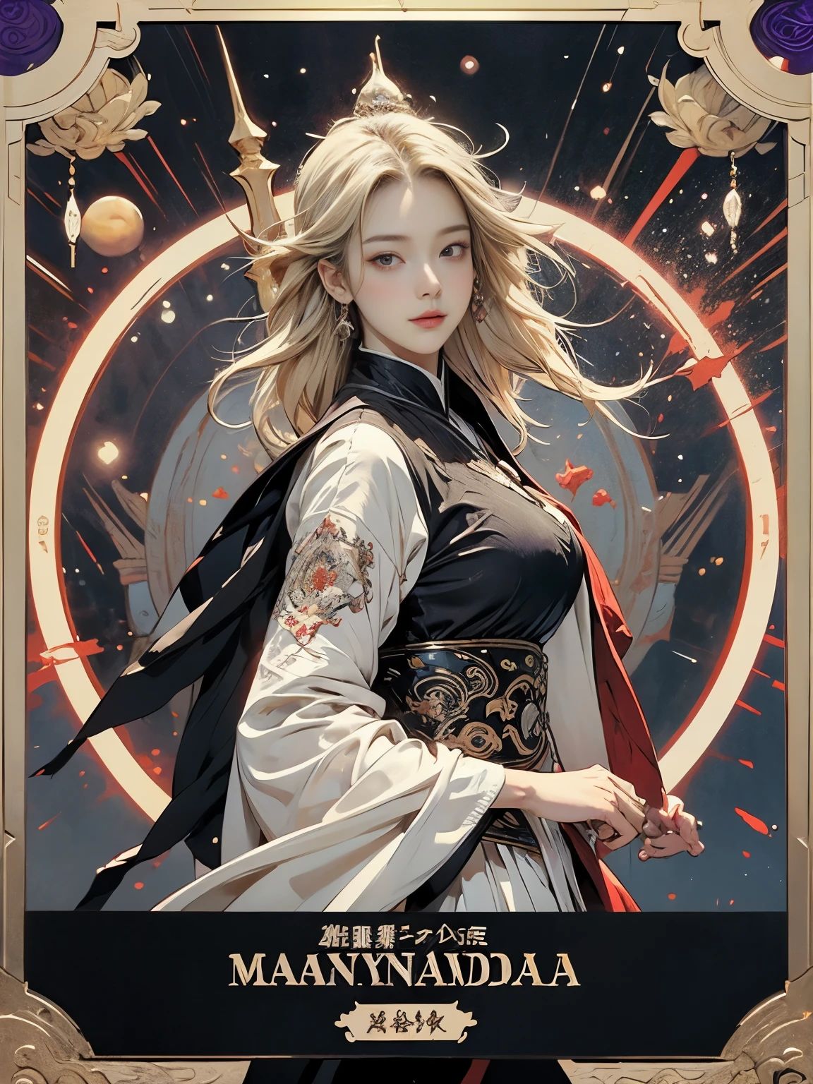 Zerg Queen Beautiful Girl: Ranlinger, 18 years old, fortune teller, Messy Hair, oil, Romanticism painting, beautiful Perfect Face, Soft Skin, Perfect Face, Yasutomo Oka's painting style, Big Breasts, Add light purple and purple, Add Light Red, Intricate details, Splash screen, 8K resolution, masterpiece, Serious, Space, (mysterious magic circle background, Buddhist Mandala:1.3), Colorful background, aura, Sharp Eyes, Break, Blonde, dynamic sexy poses, Strong winds, Mr.々Light source, Colorful light, Crystal Jade, Tarot Cards
