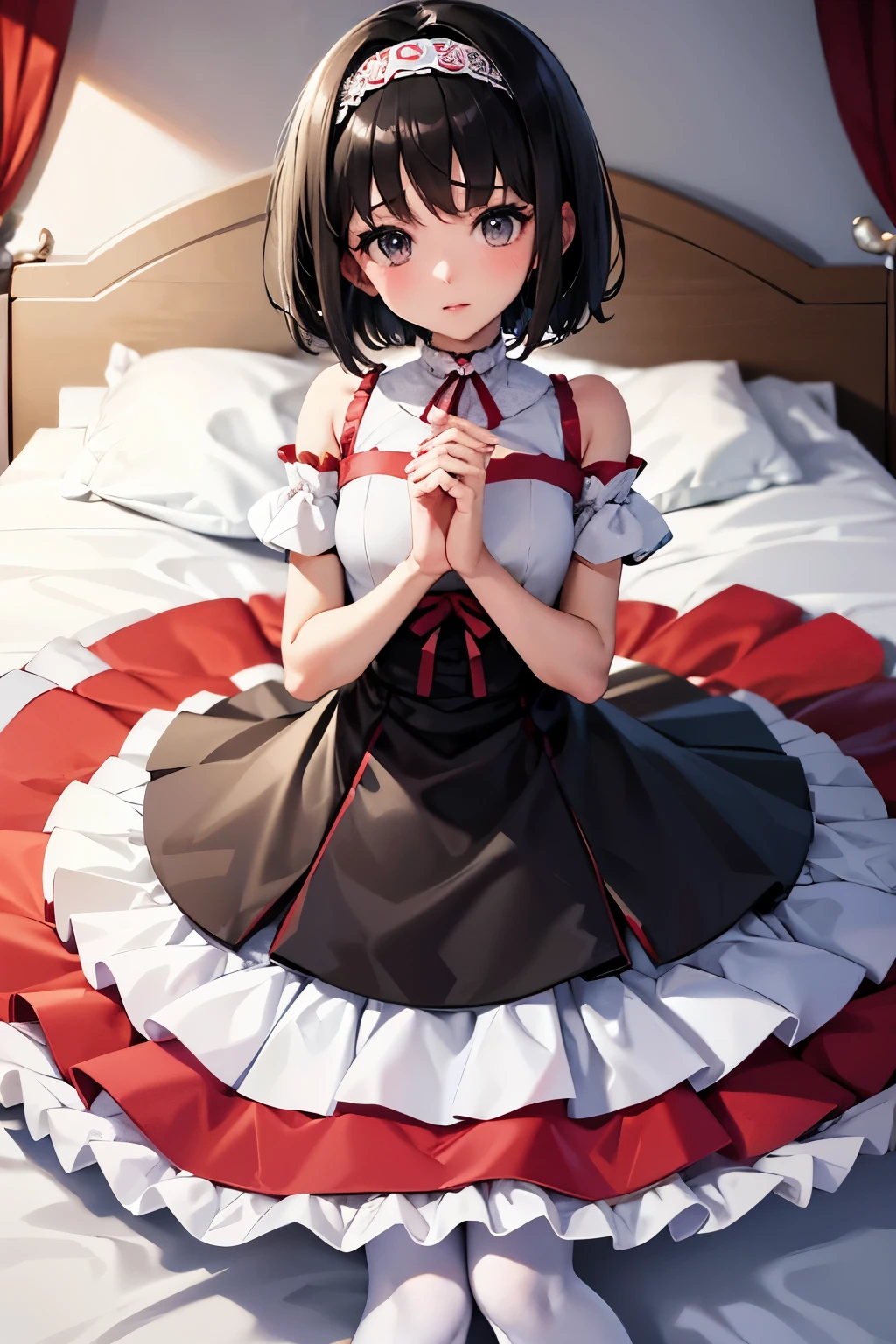 Erica、Pokémon、Black Hair、Short Hair、((pantyhose))、Photo from below、Medium chest、Bedroom、One girl、Red ribbon on head、((White Wedding Dress))、